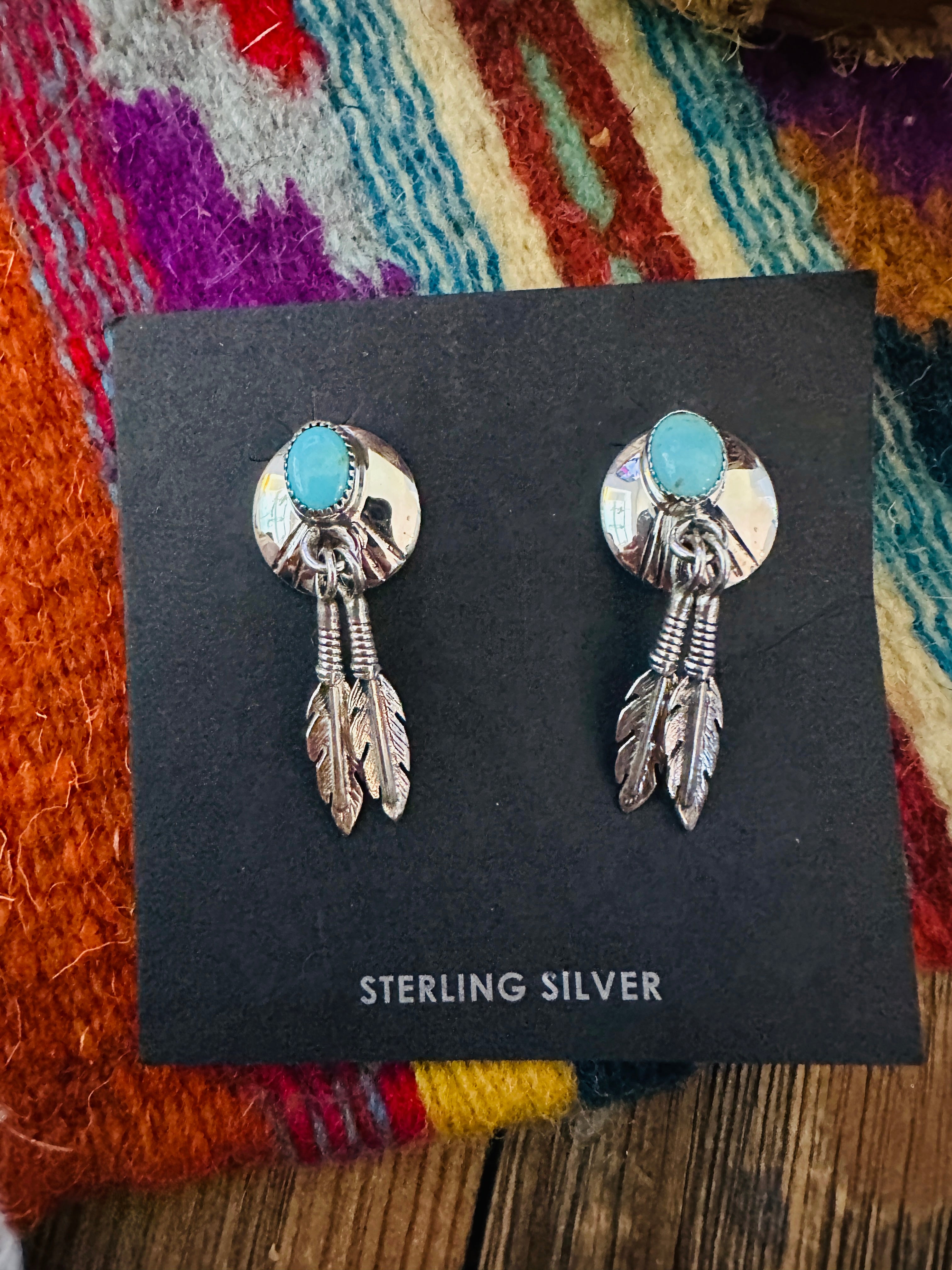 Handcrafted Turquoise & Sterling Silver Feather Dangle Earrings