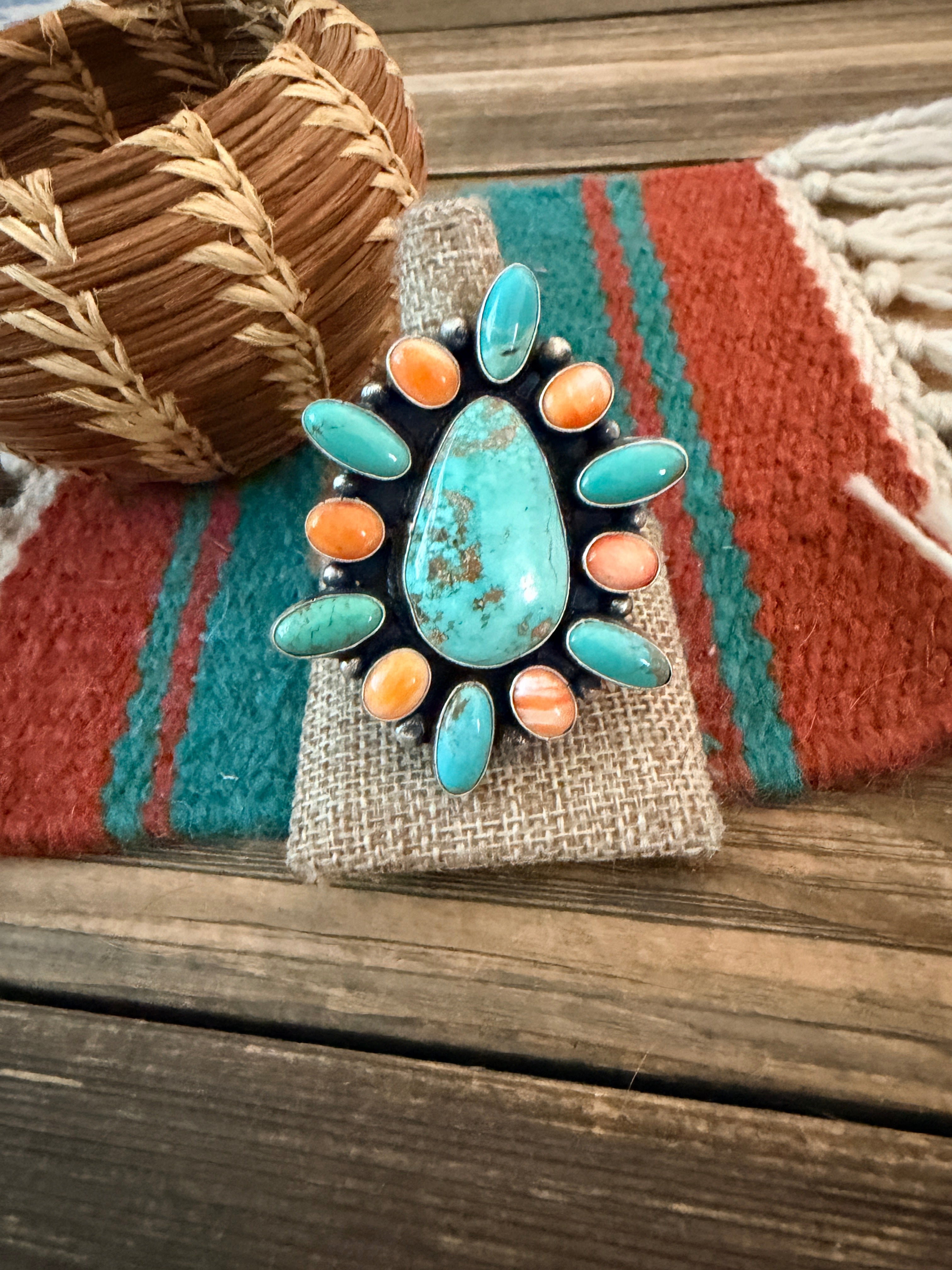 Handcrafted Spiny Oyster, Turquoise & Sterling Silver Cluster Ring by Sheila Becenti Size 12