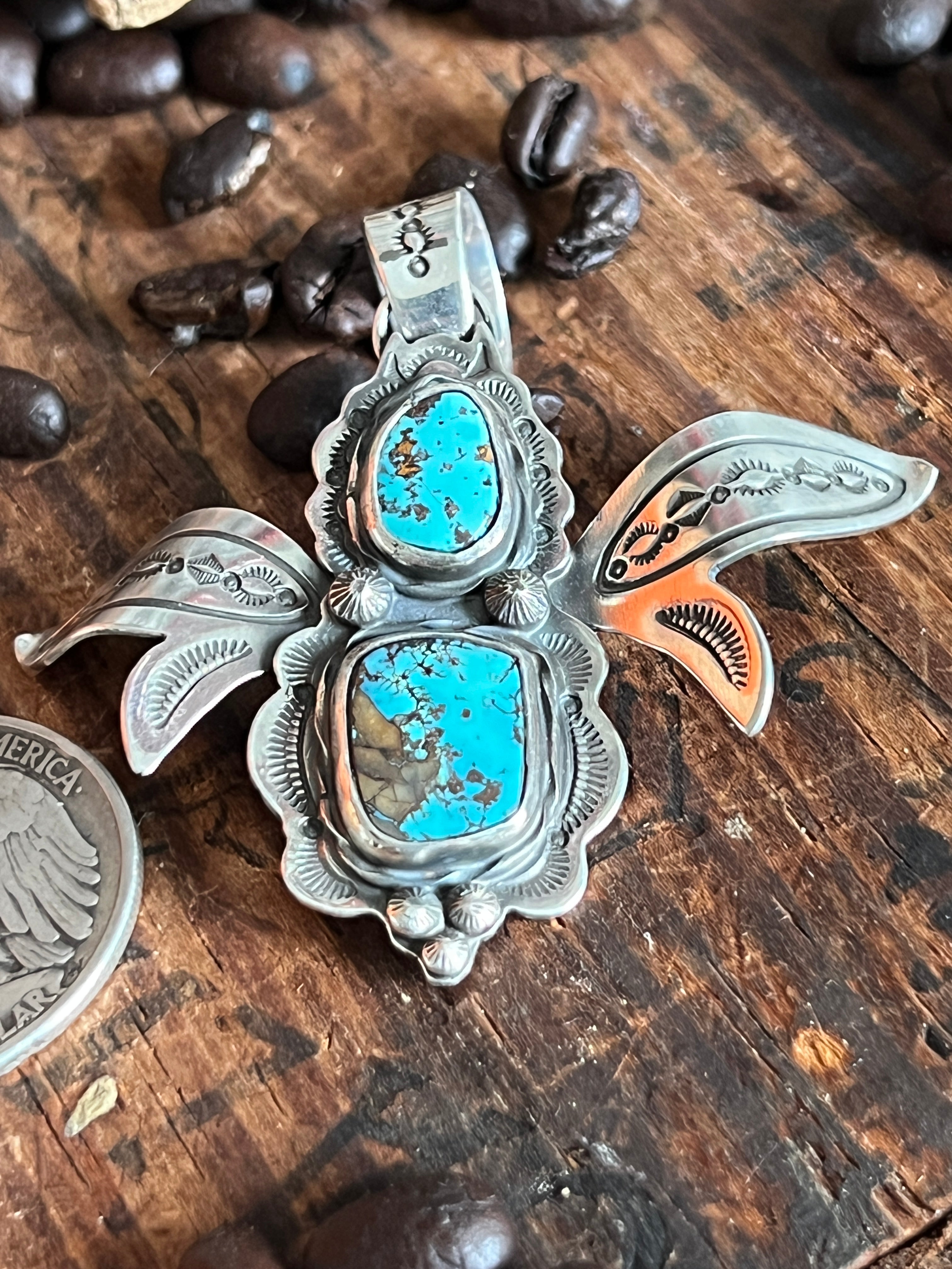 Handcrafted Kimari Somers Sterling Silver and Turquoise Winged Bug Pendant