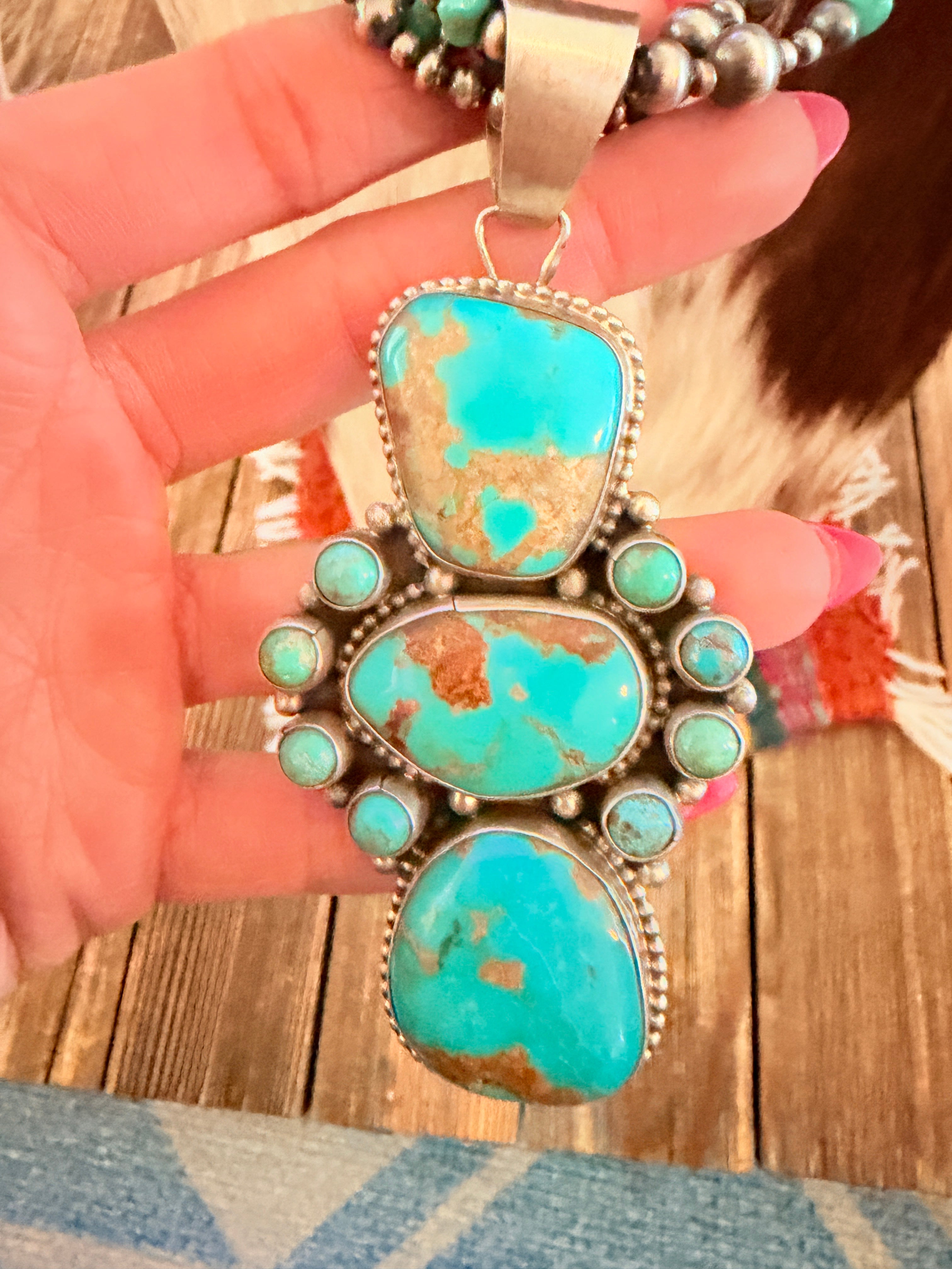 Handcrafted Turquoise & Sterling Silver Cluster Beaded Necklace by Sheila Becenti