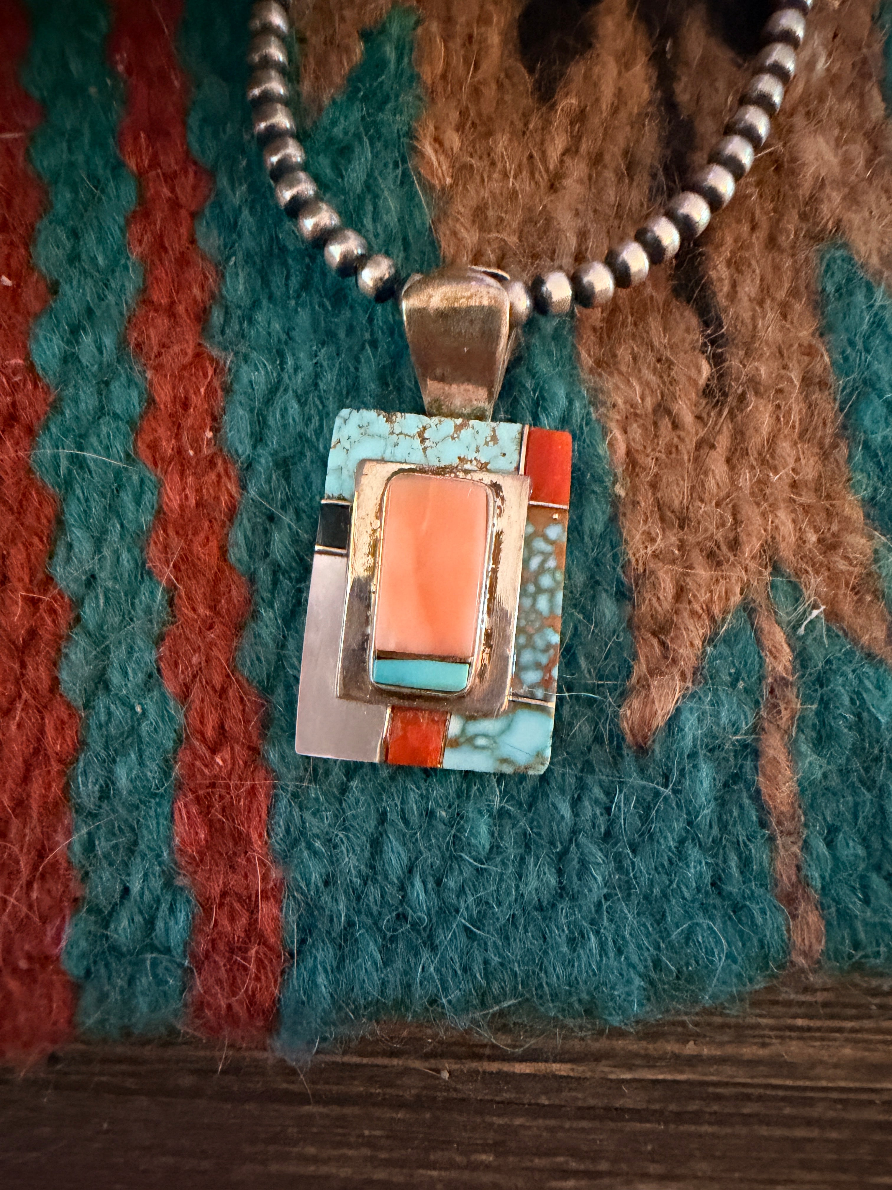Old Pawn Handcrafted Multi Stone & Sterling Silver Inlay Pendant