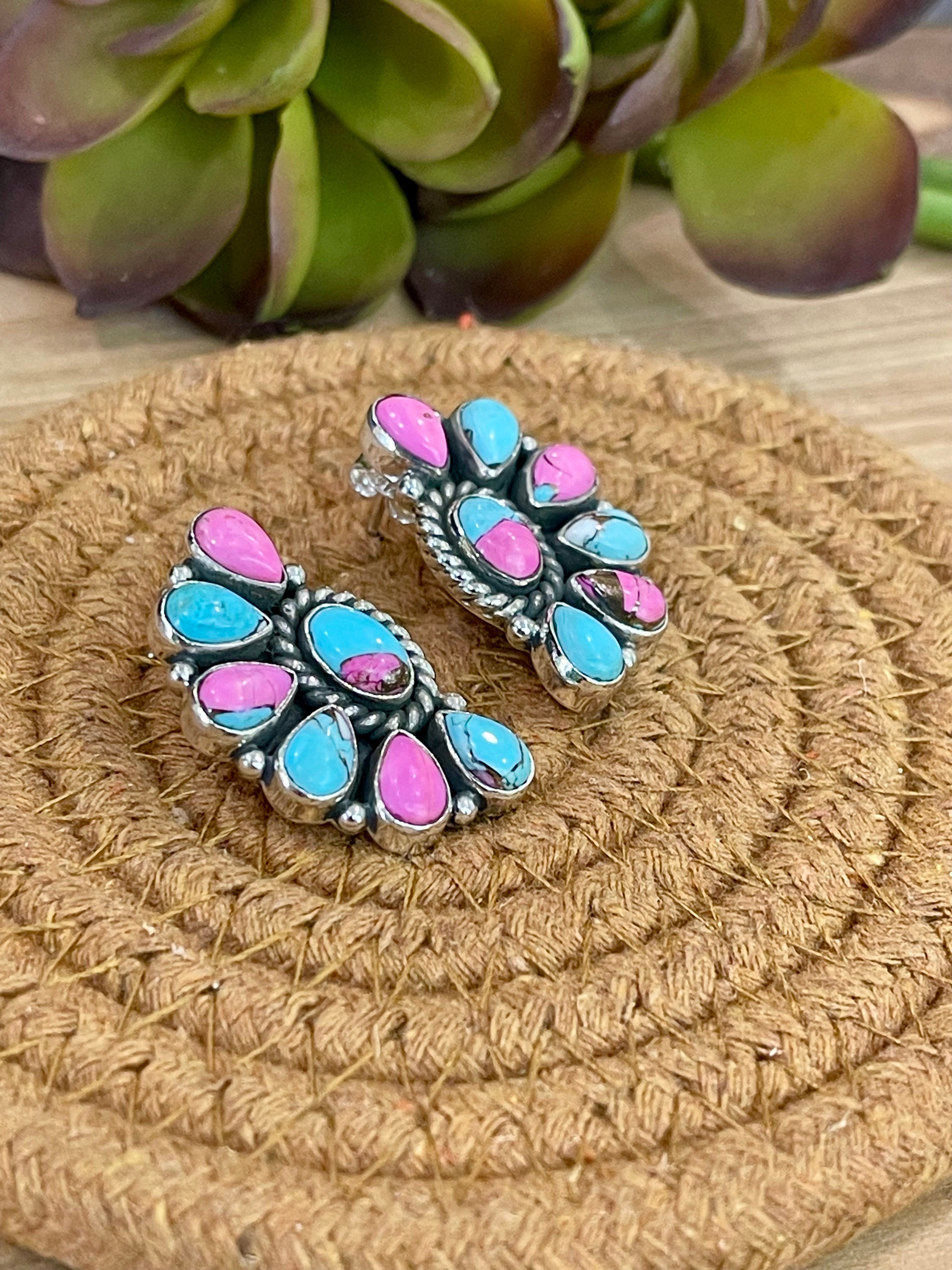 Handmade Sterling Silver Cotton Candy Turquoise Post Earrings with Signed Nizhoni