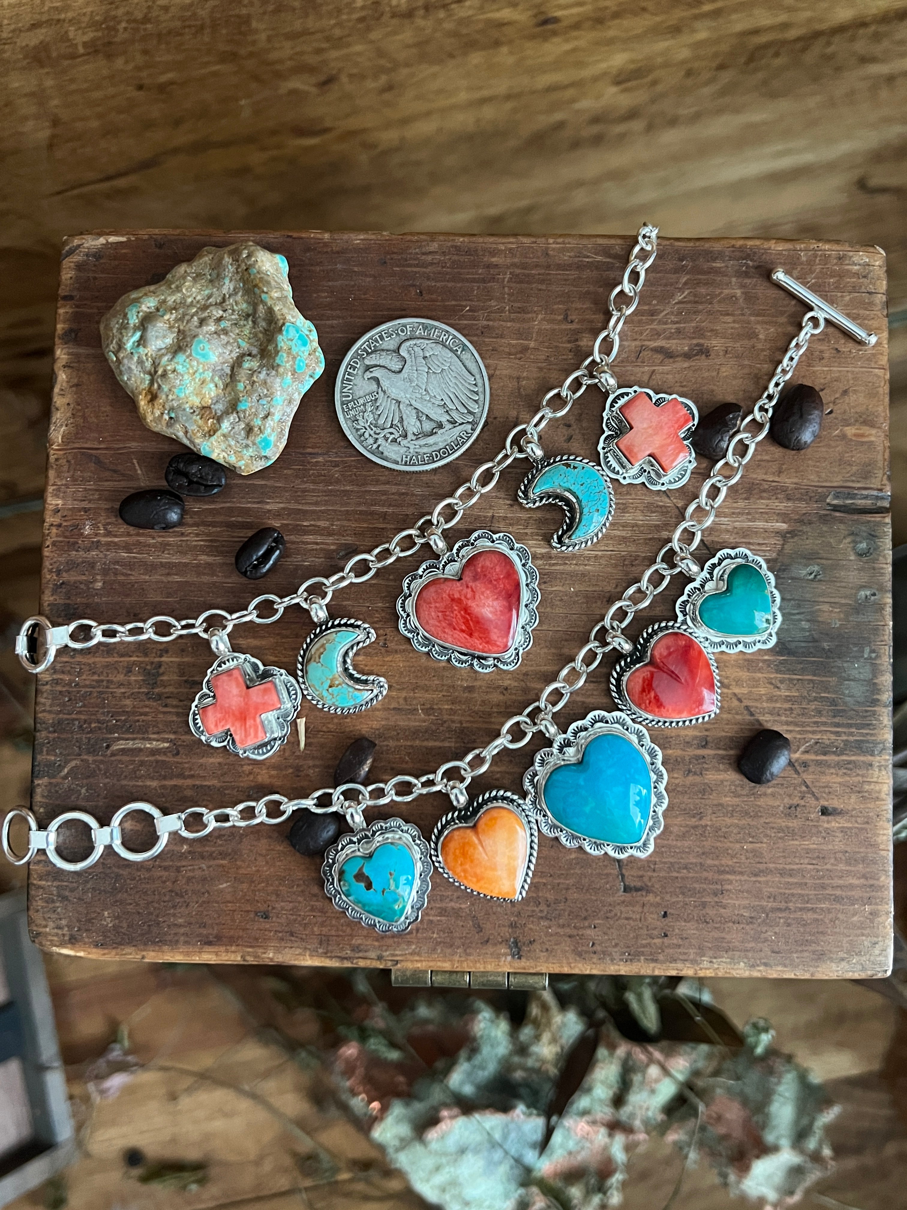 Murphy Platero Handcrafted Sterling Silver, Turquoise and Spiny Oyster Heart Charm Bracelets