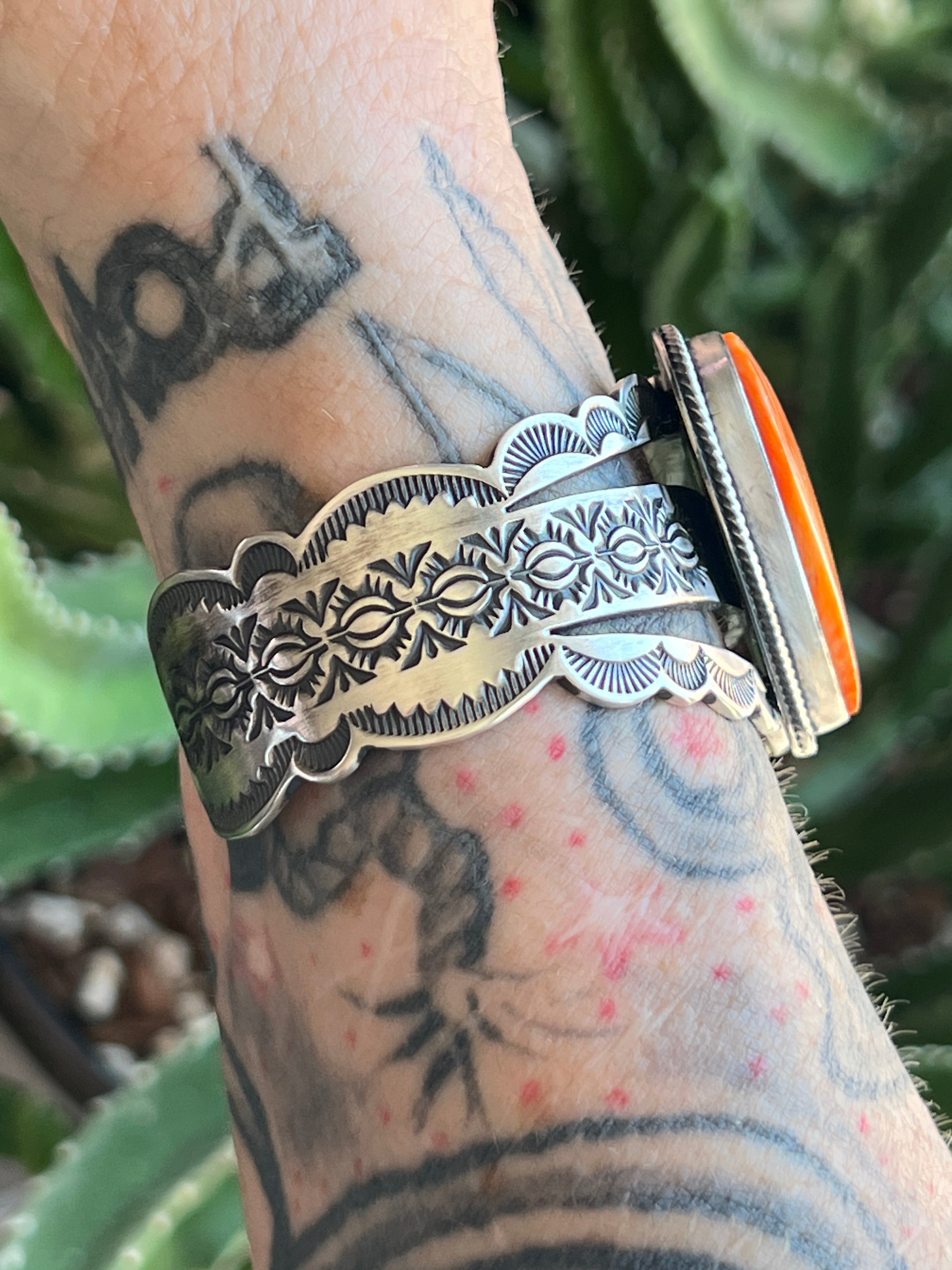 Handcrafted Sterling Silver and Orange Spiny Oyster Shell Heart Cuff Bracelet by Murphy Platero