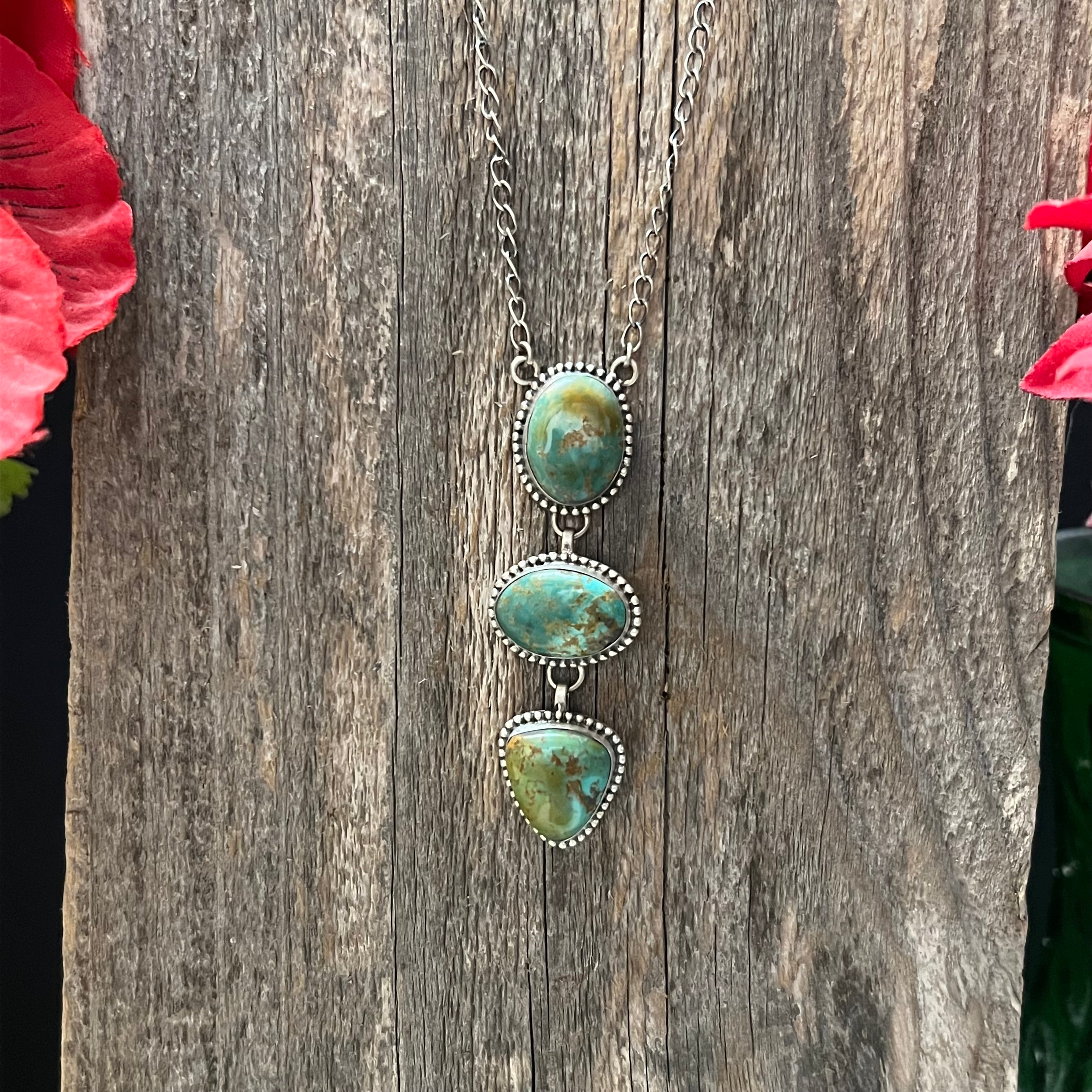 Handmade 3 Stone Turquoise & Sterling Silver Drop Necklace (08)