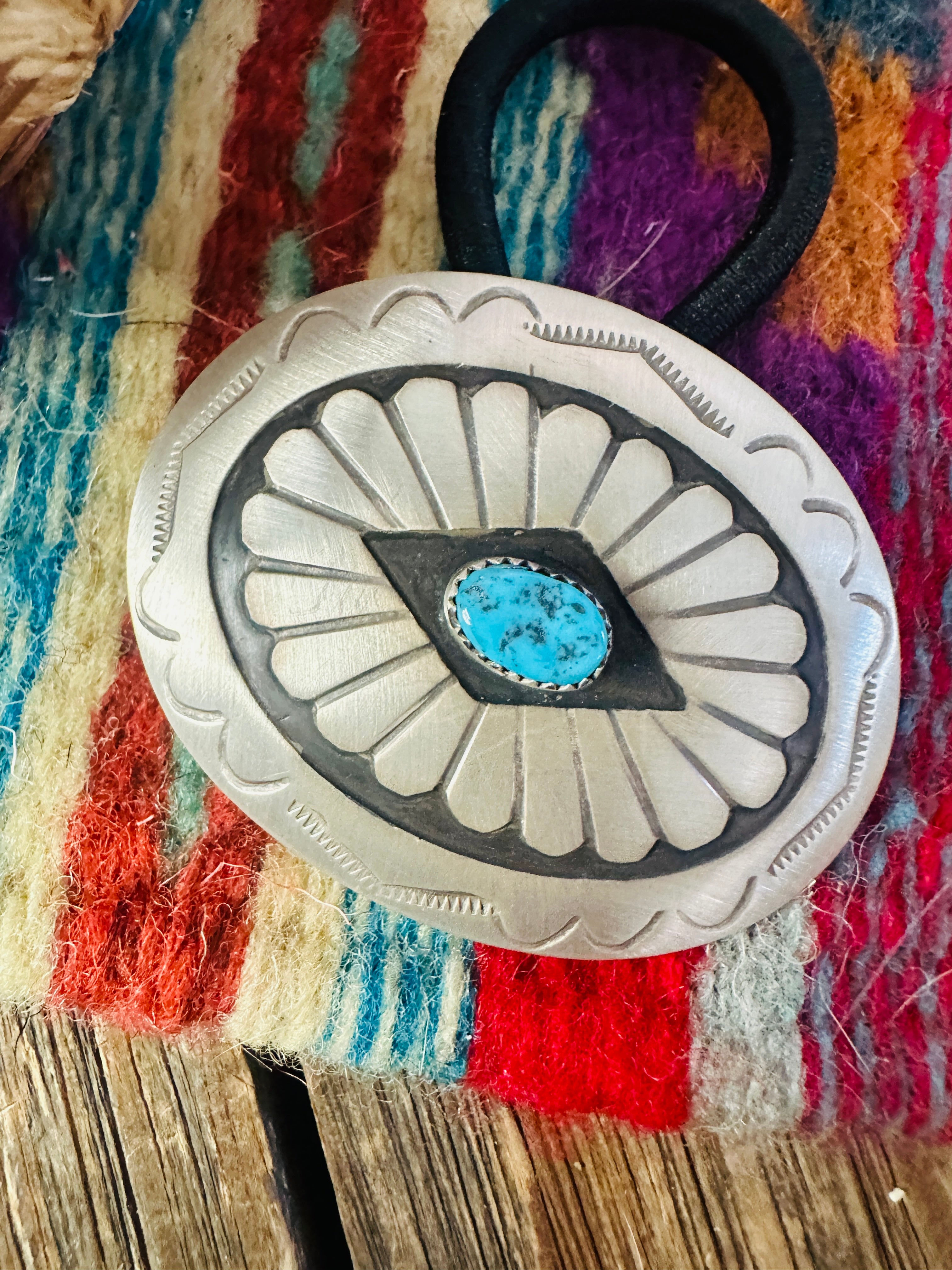 Handcrafted Turquoise & Sterling Silver Concho Hair Tie