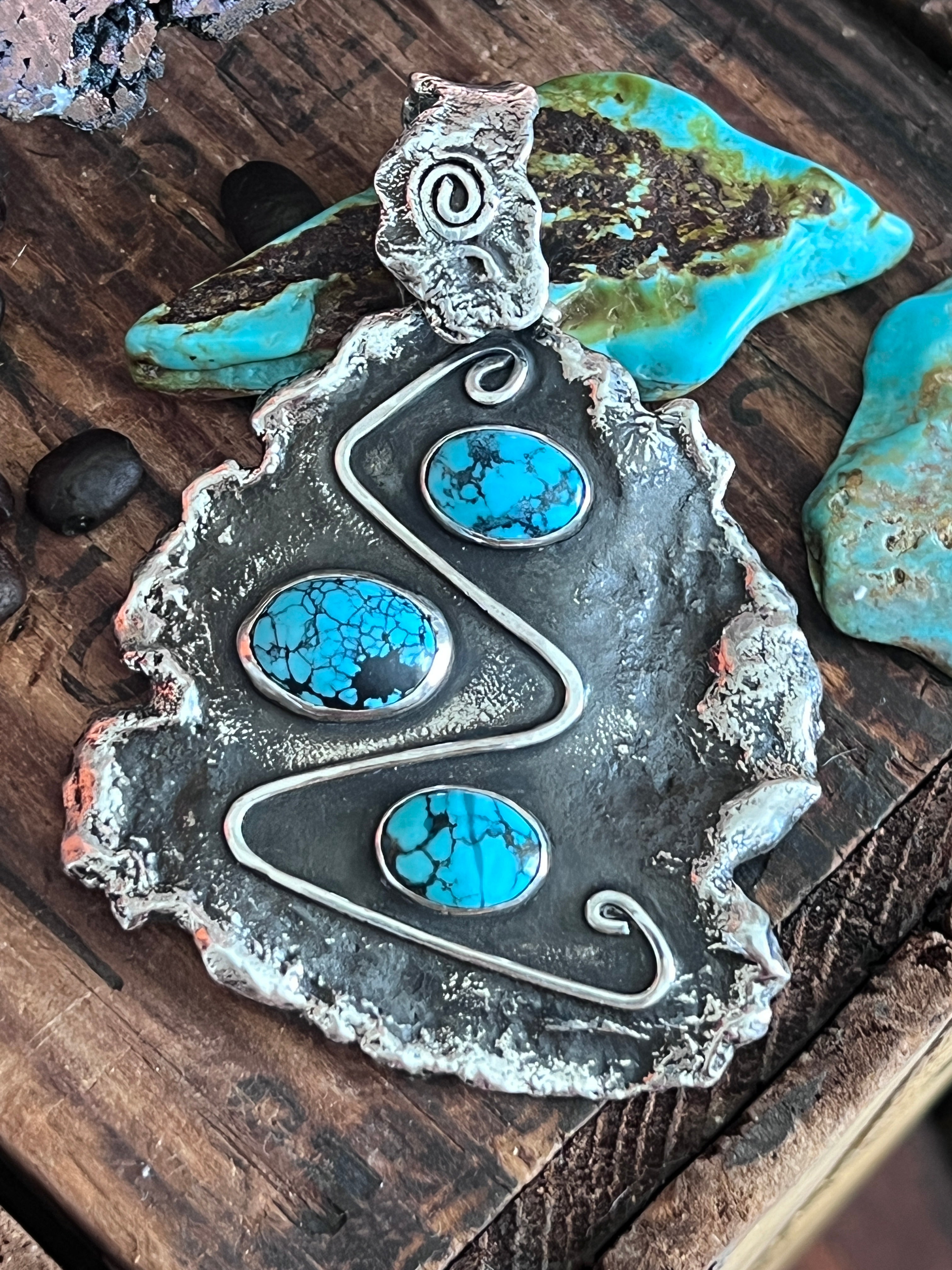 Vintage Artisan Sterling Silver and Turquoise Brutalist Style Pendant Signed Sandee Kelly