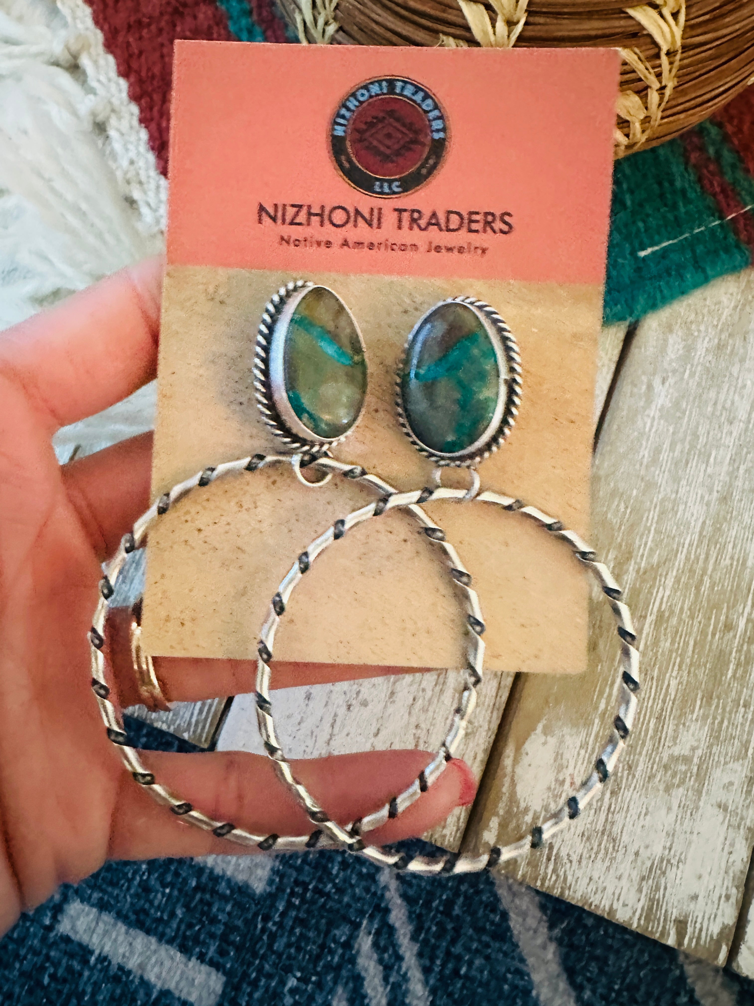 Navajo Ribbon Turquoise and Sterling Silver Dangle Hoop Earrings