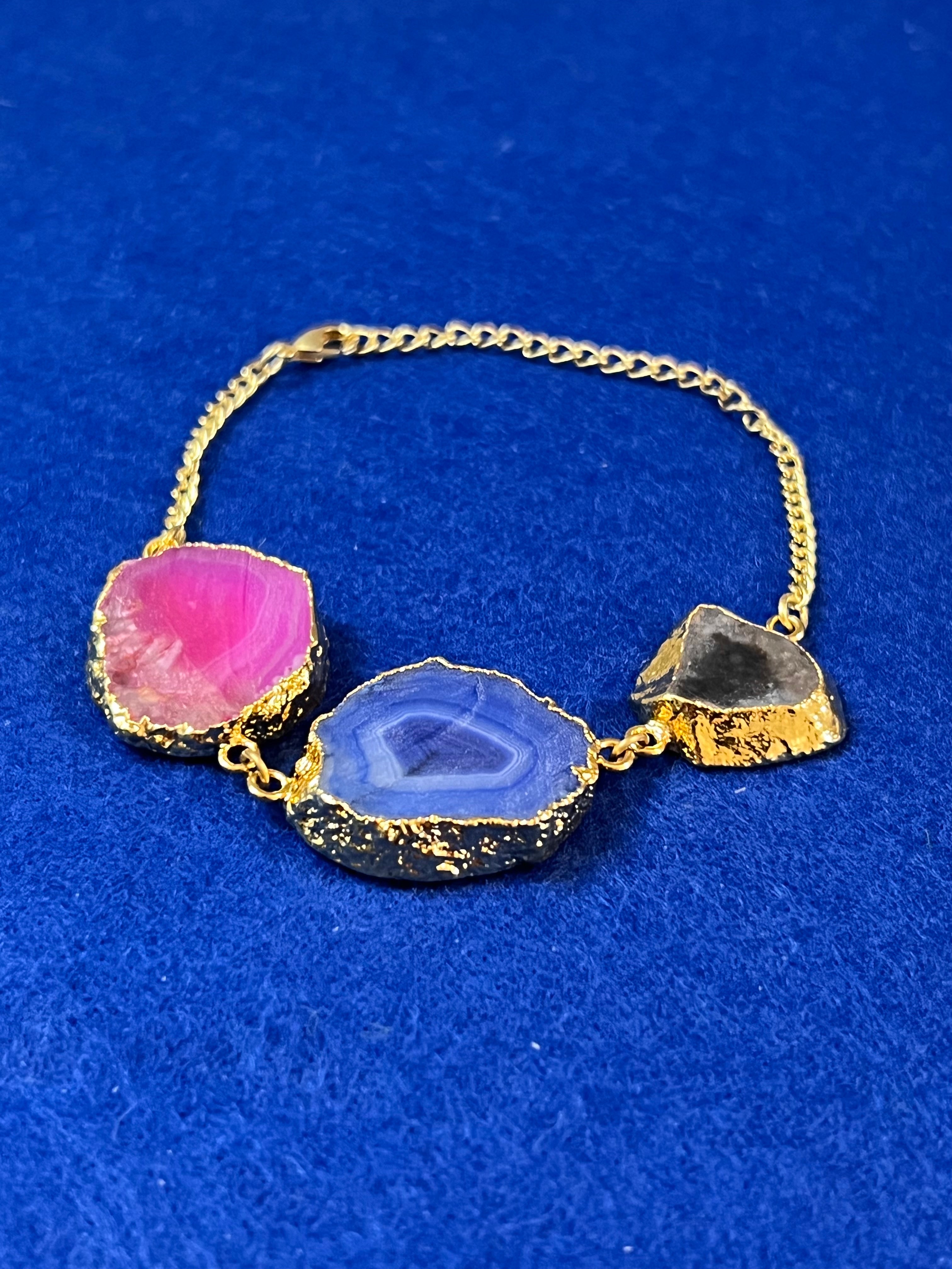 Handmade 14k Gold Druzy Plated Brass With Hot Pink, Grey, & Blue Geodes Bracelet
