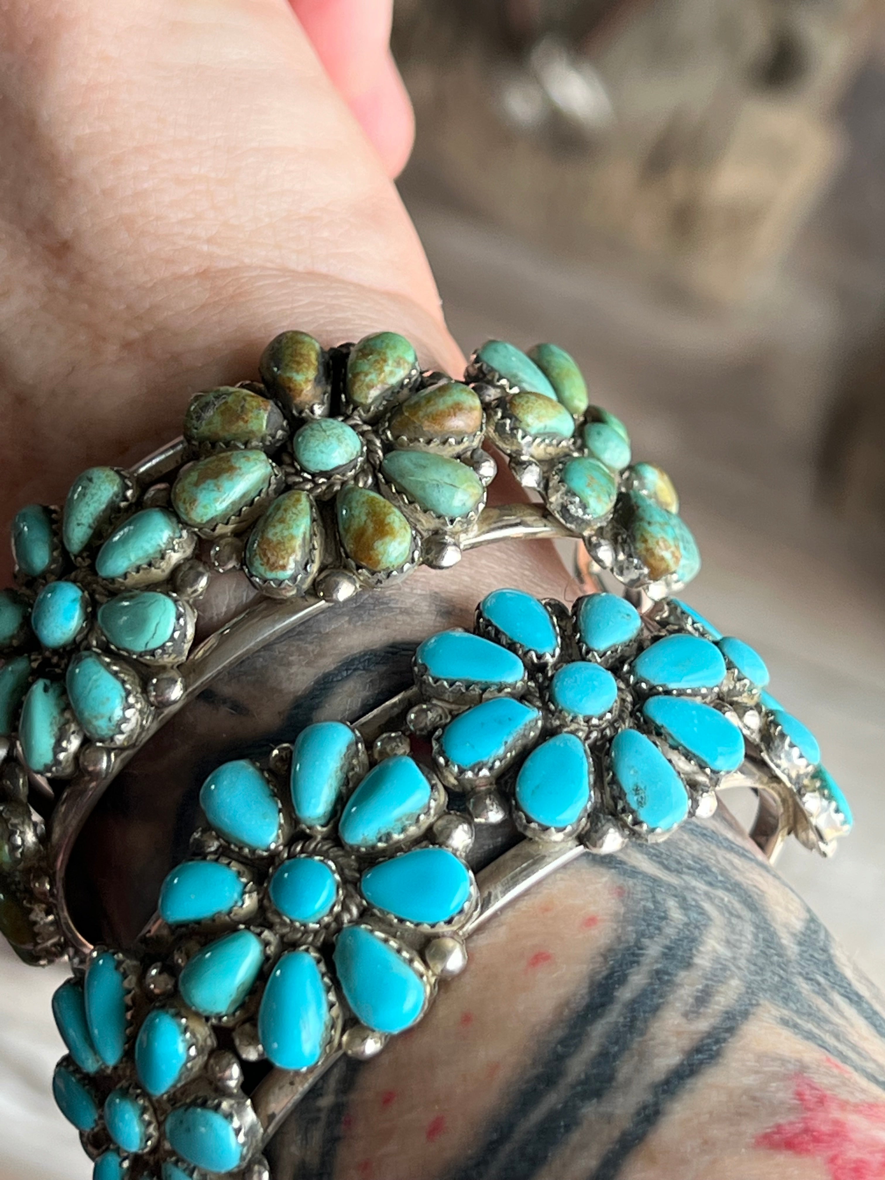 Handcrafted Old Pawn Sterling Silver and Mixed Turquoise Daisy Cluster Cuff Bracelet, Signed MA /