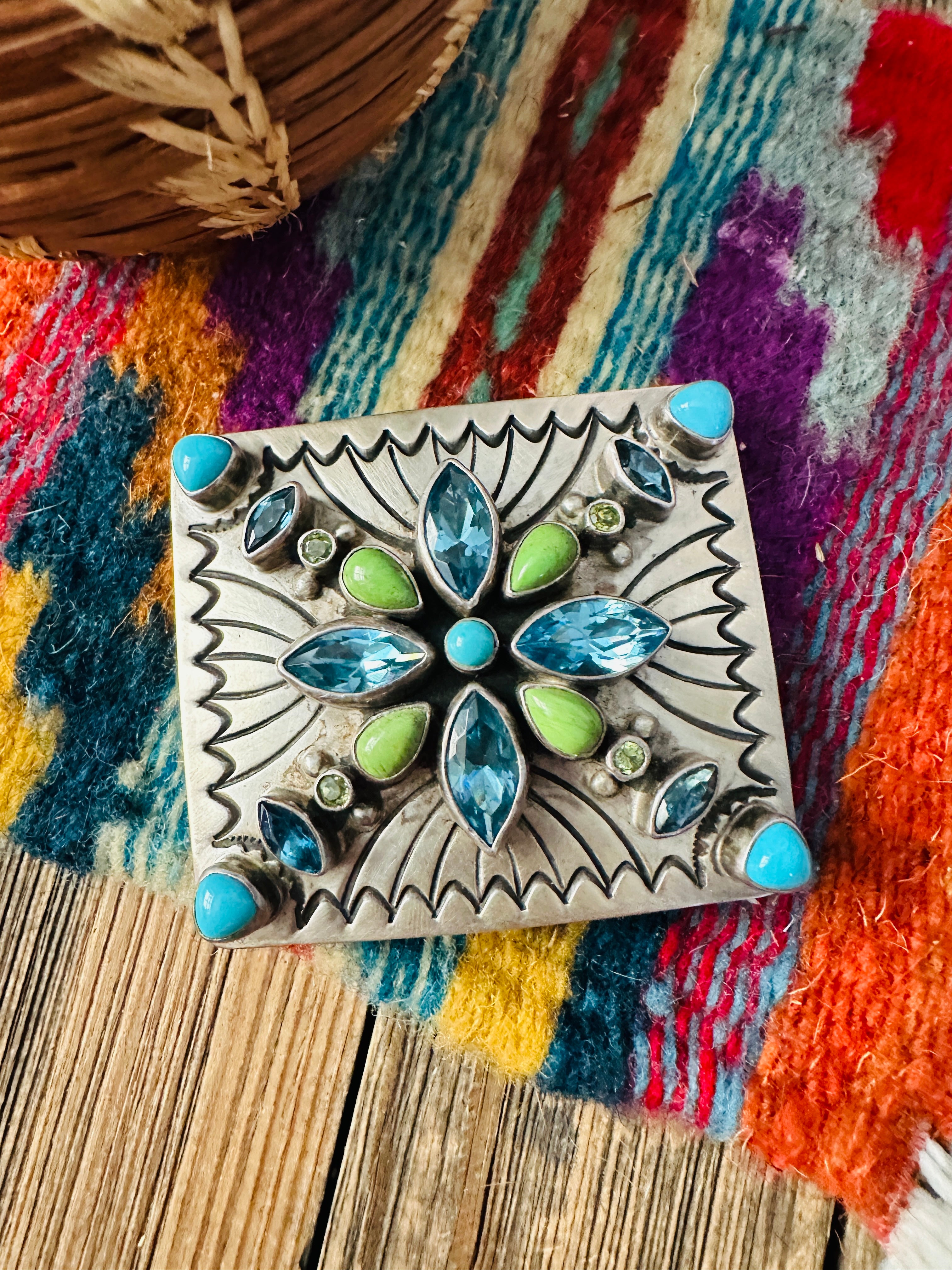 Handcrafted Vintage Old Pawn Multi Stone & Sterling Silver Belt Buckle