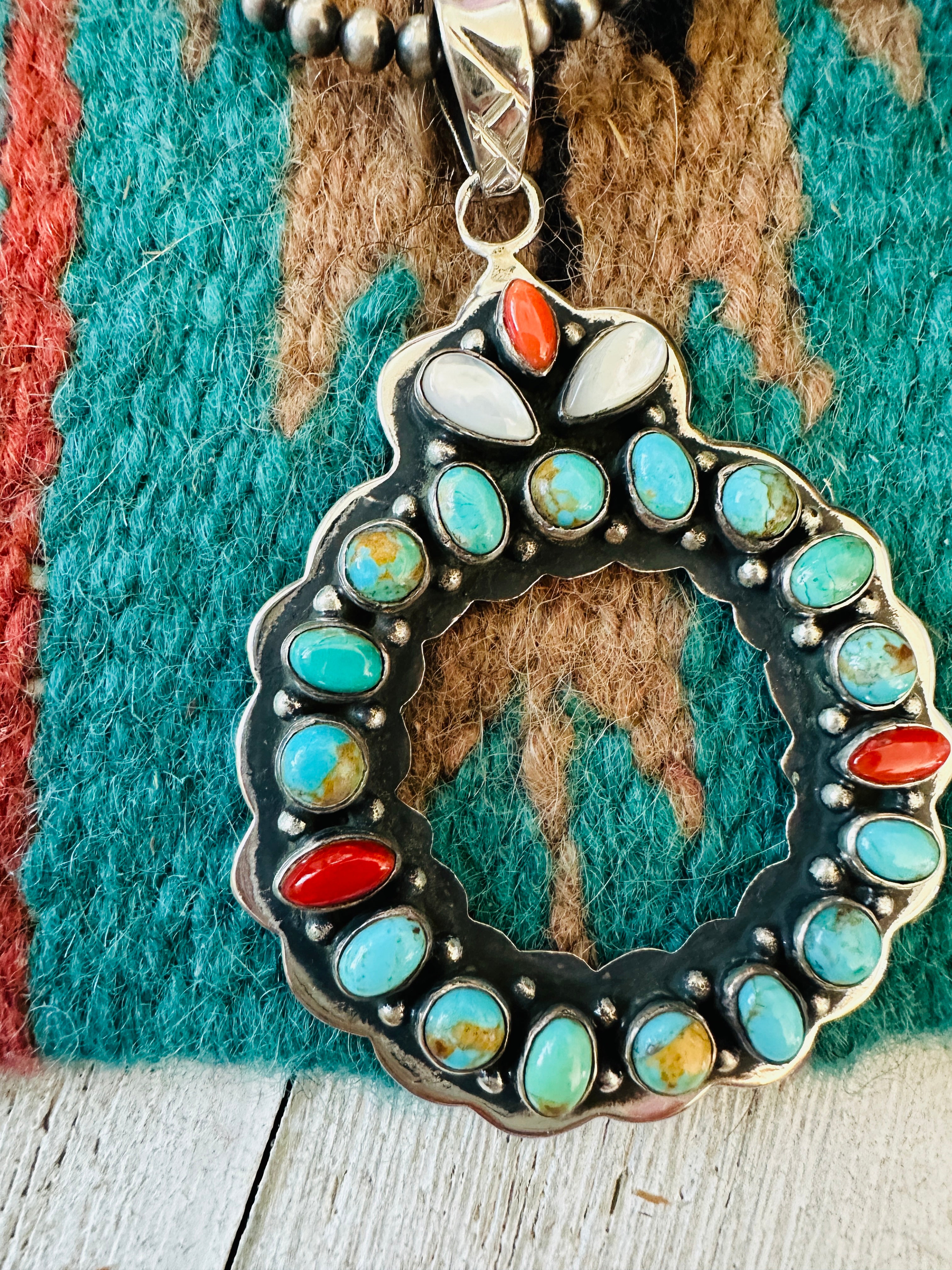 ** Christmas Collection ** Handmade Sterling Silver, Turquoise & Coral Wreath Pendant Signed Nizhoni