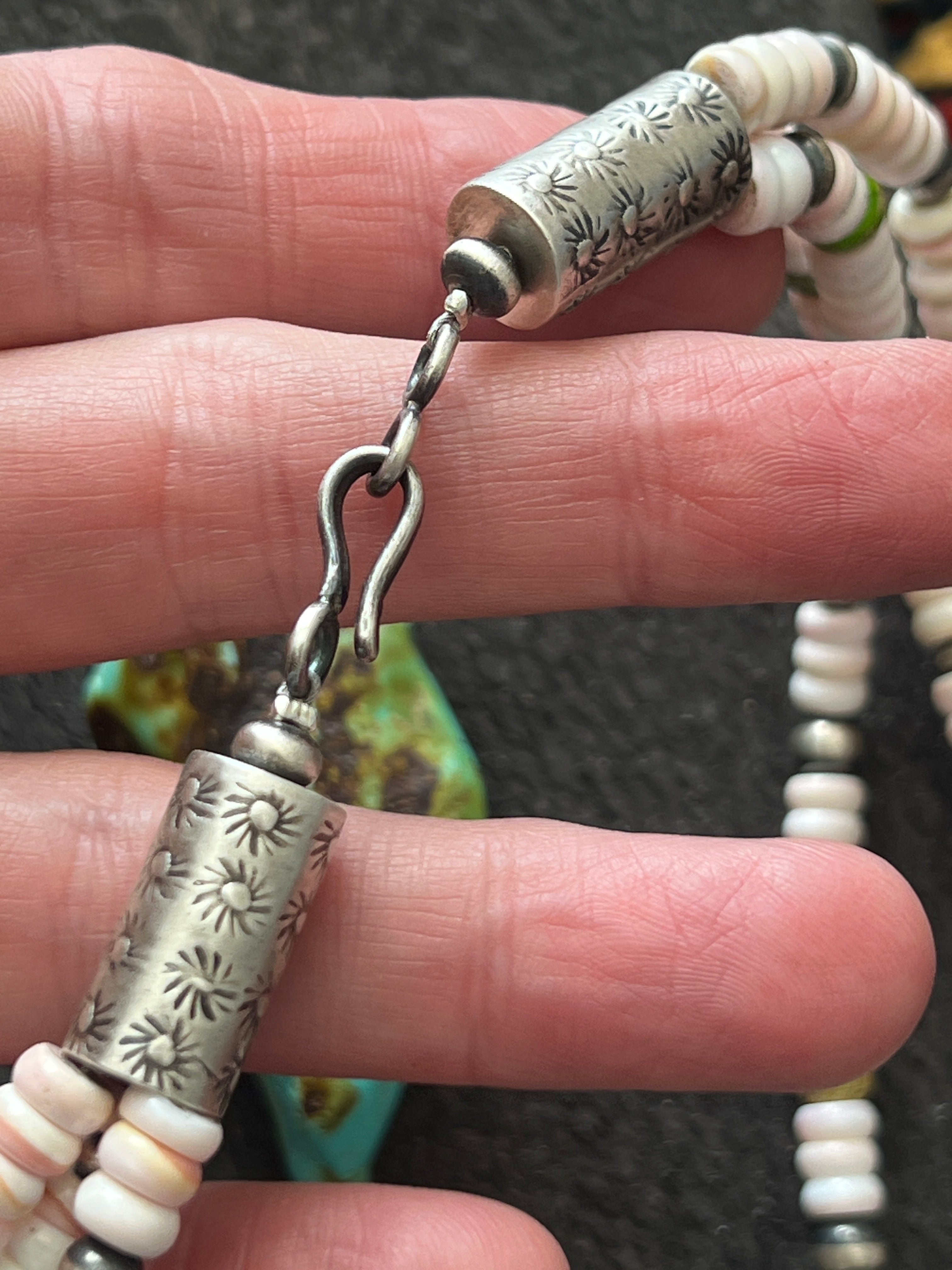 Handcrafted Sonoran Gold Turquoise, Sterling Silver and Pink Conch Cluster Pendant w/ Beaded Multistrand Necklace by Patrick Yazzie