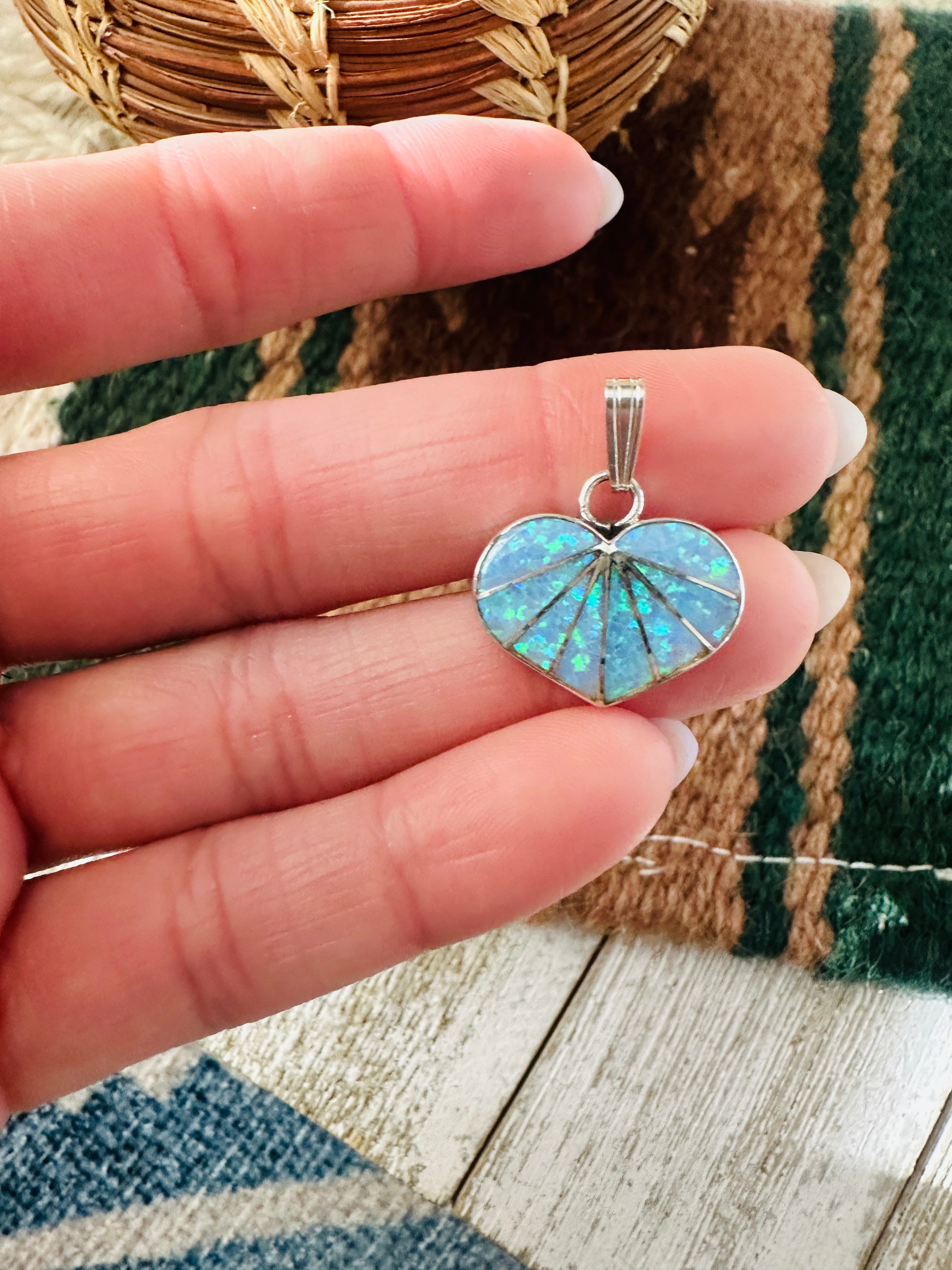 Handcrafted Blue Opal & Sterling Silver Inlay Heart Pendant