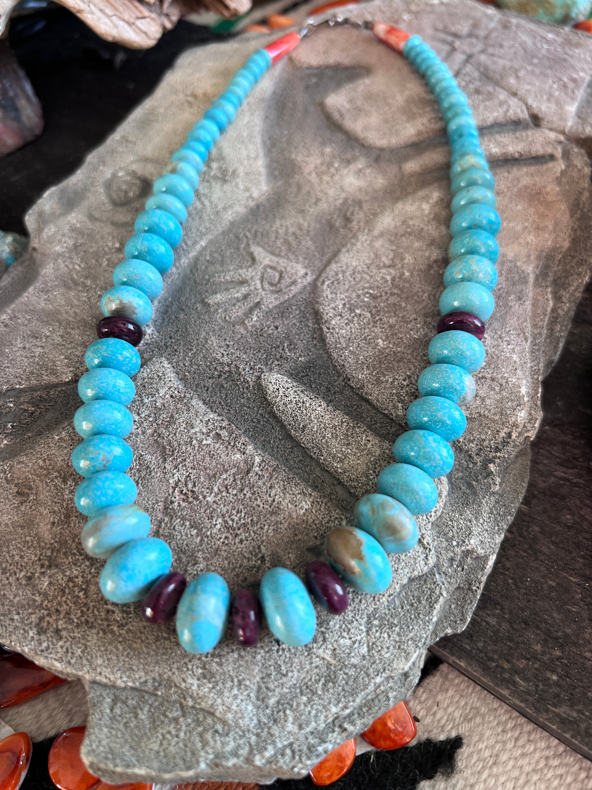 Estate Collection Graduated Number 8 Turquoise and Purple Spiny Oyster Beaded Rondelle Necklace, 16-5/8”