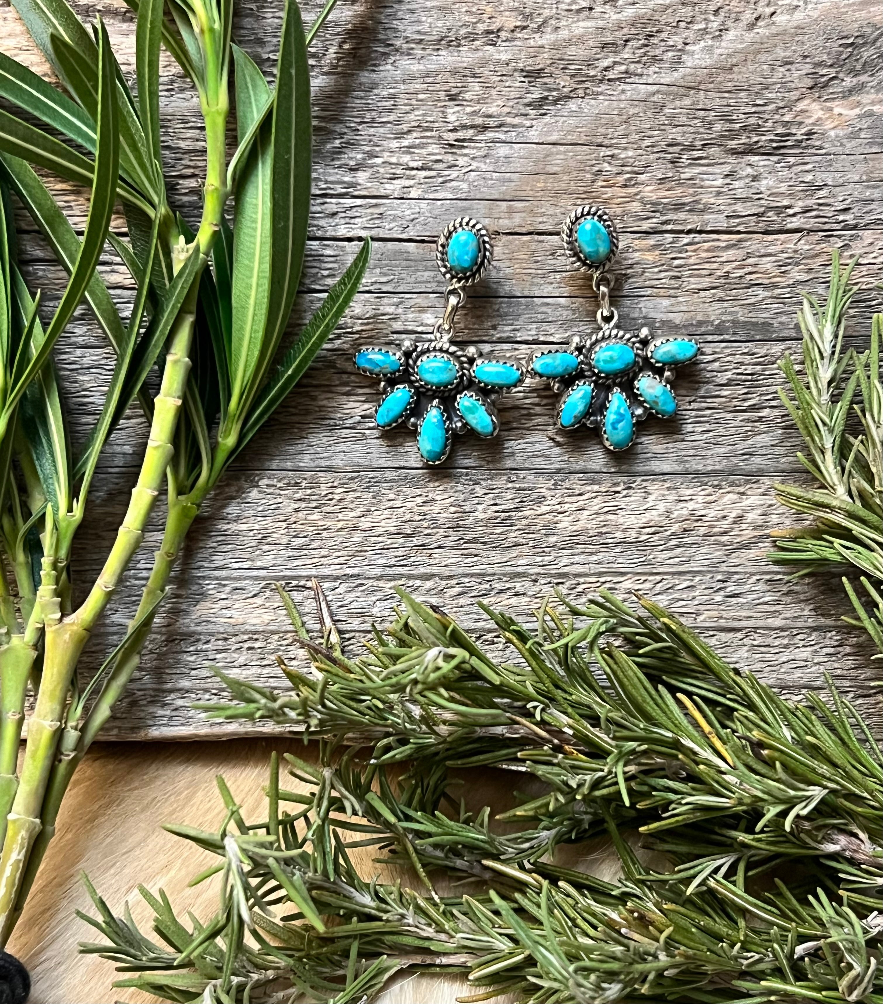 Handmade South Hill Turquoise Cluster Sterling Silver Dangle Earrings