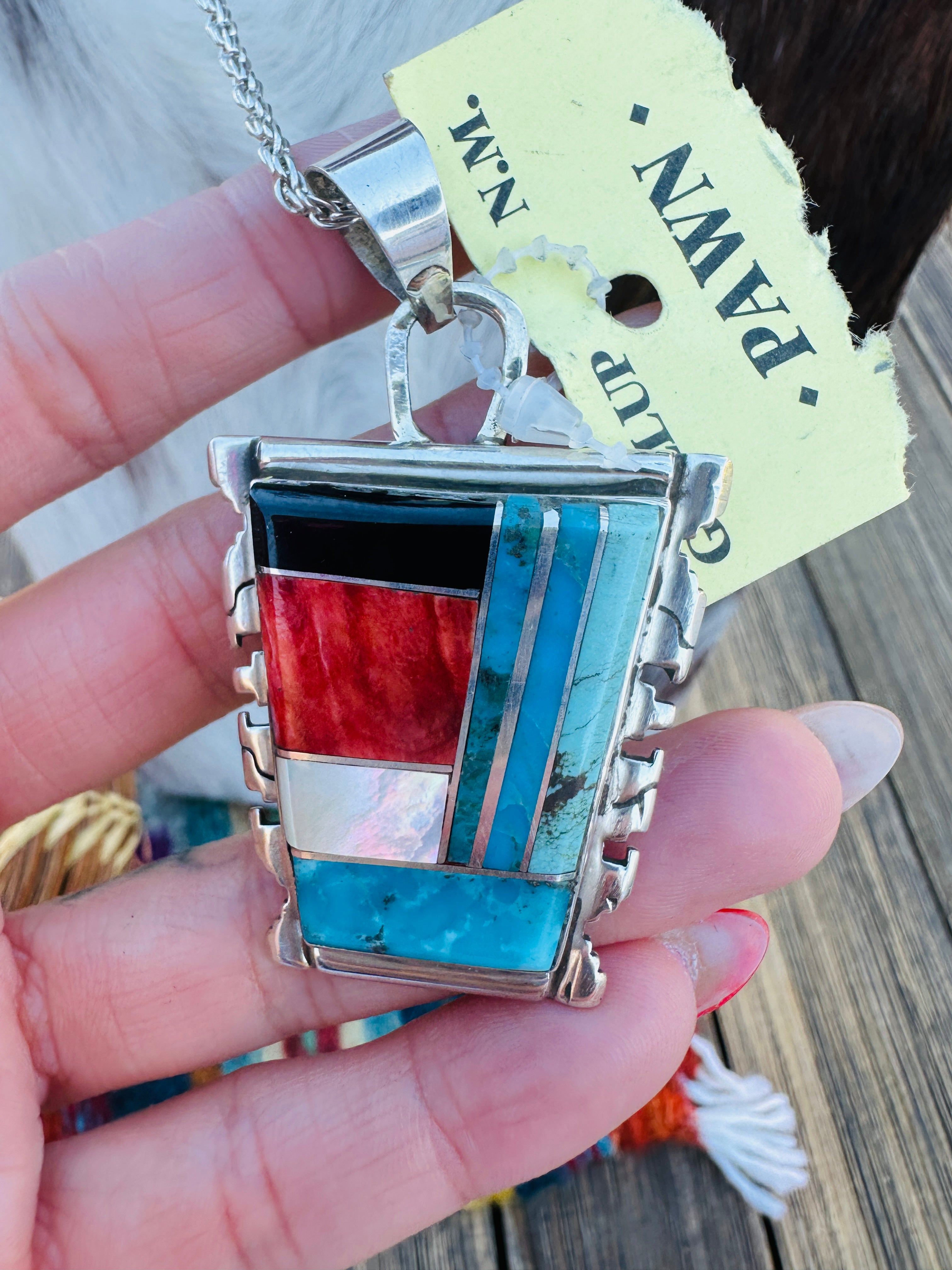 Old Pawn Handcrafted Sterling Silver and Multi Stone Inlay Necklace