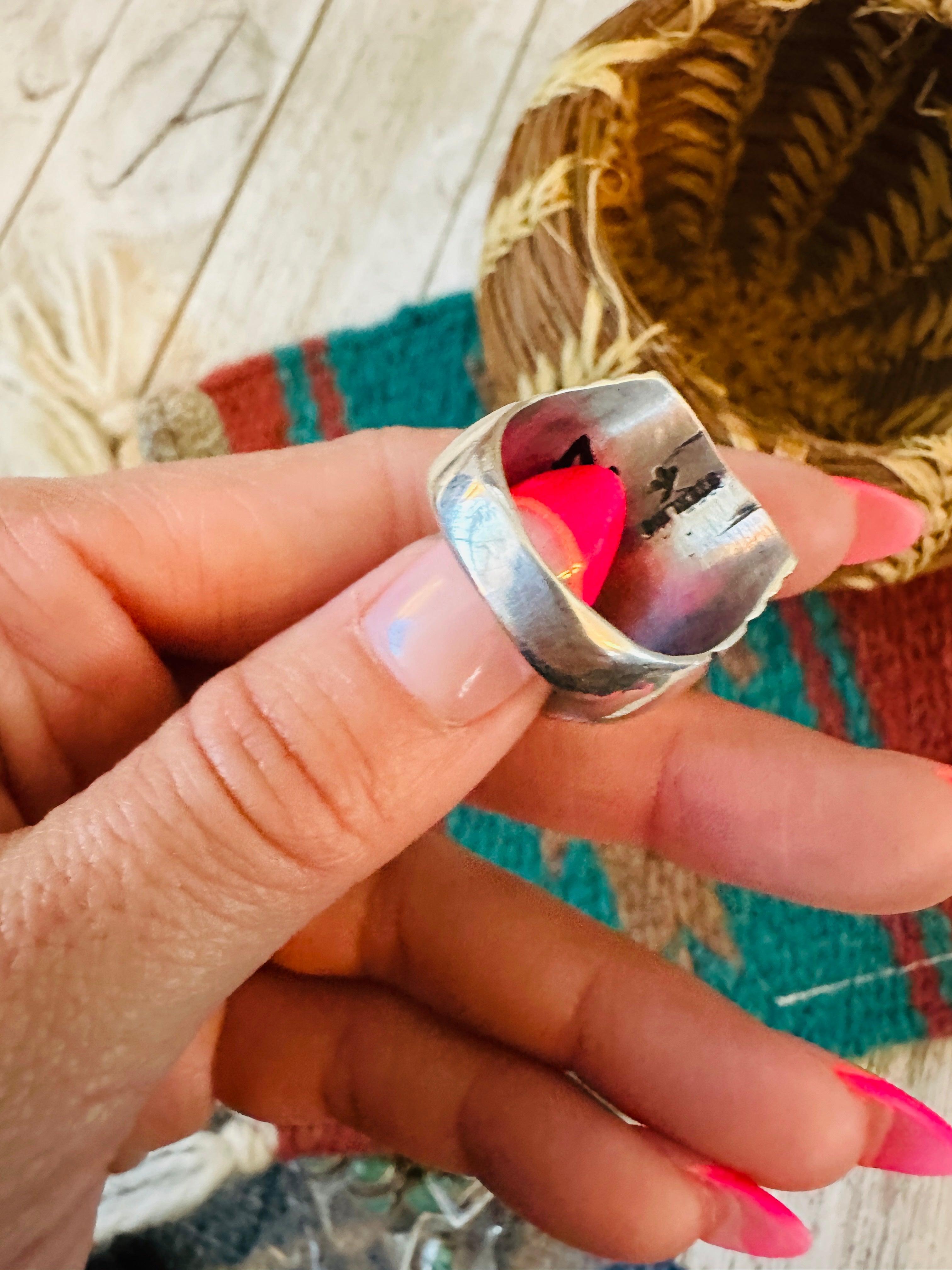 Handcrafted Turquoise & Sterling Silver Cigar Band Ring Size 10