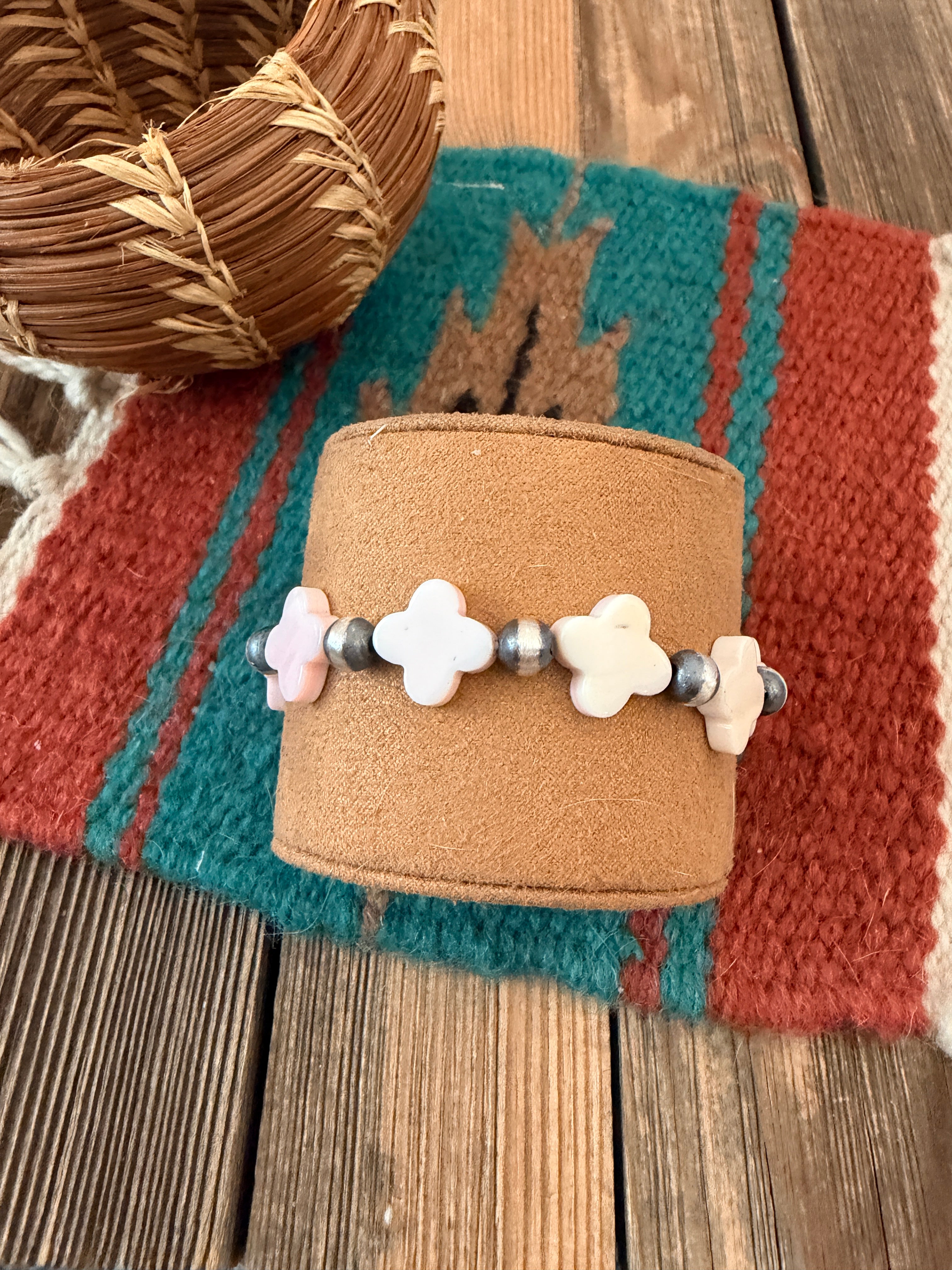 Handcrafted Queen Pink Conch & Sterling Silver Pearl Cross Beaded Stretch Bracelet