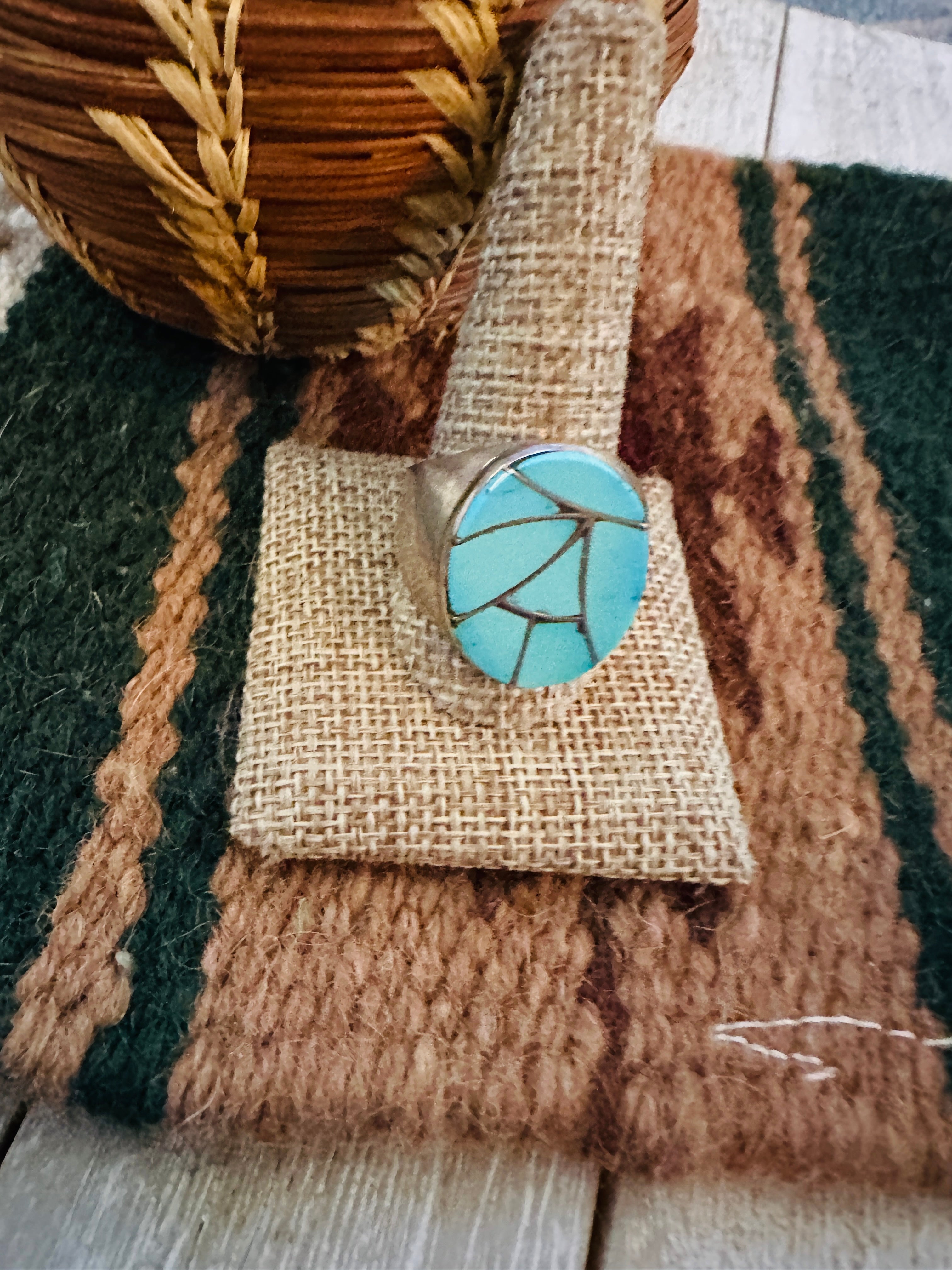 Old Pawn Handcrafted Turquoise & Sterling Silver Inlay Ring Size 12.5