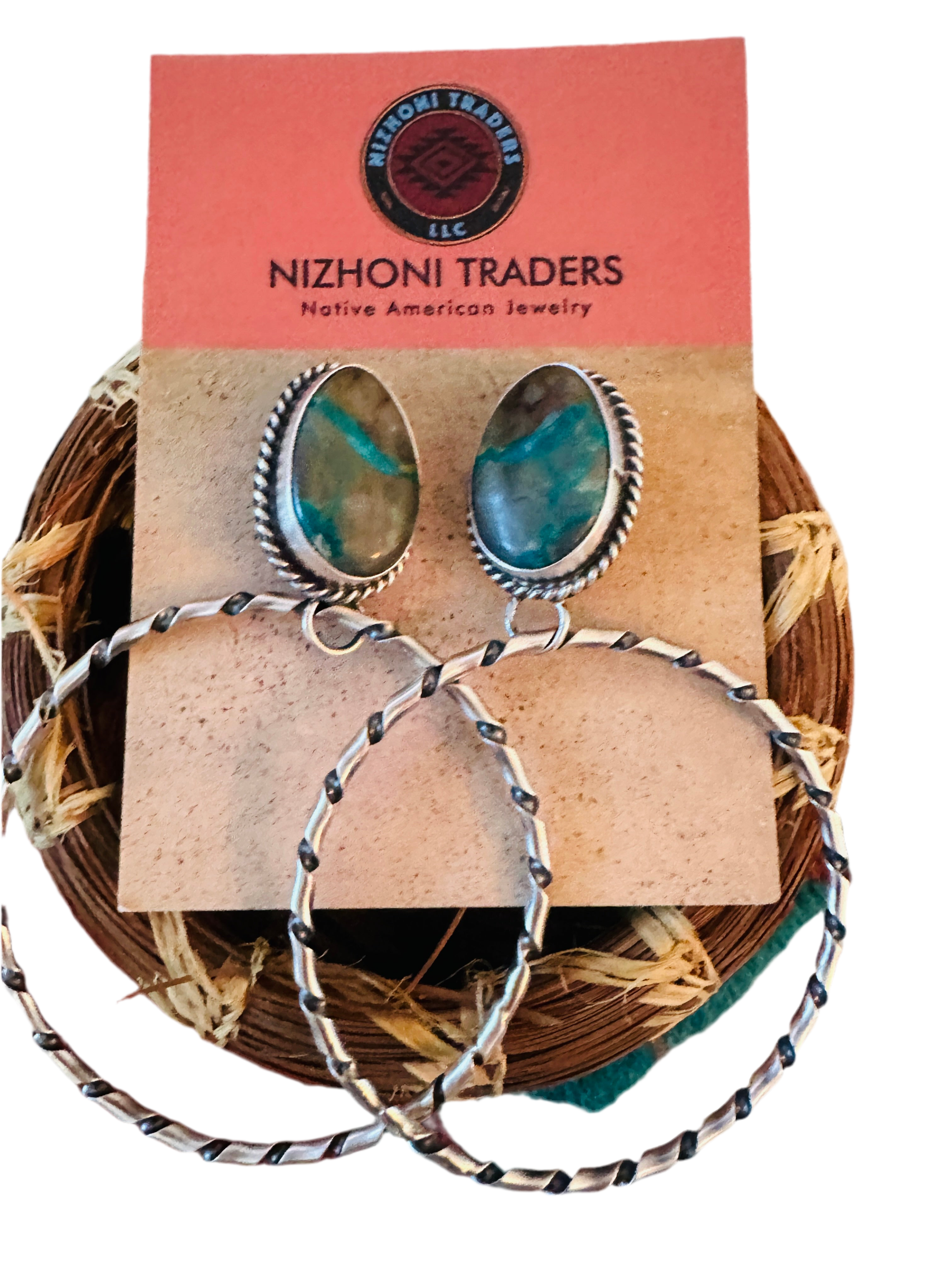 Navajo Ribbon Turquoise and Sterling Silver Dangle Hoop Earrings