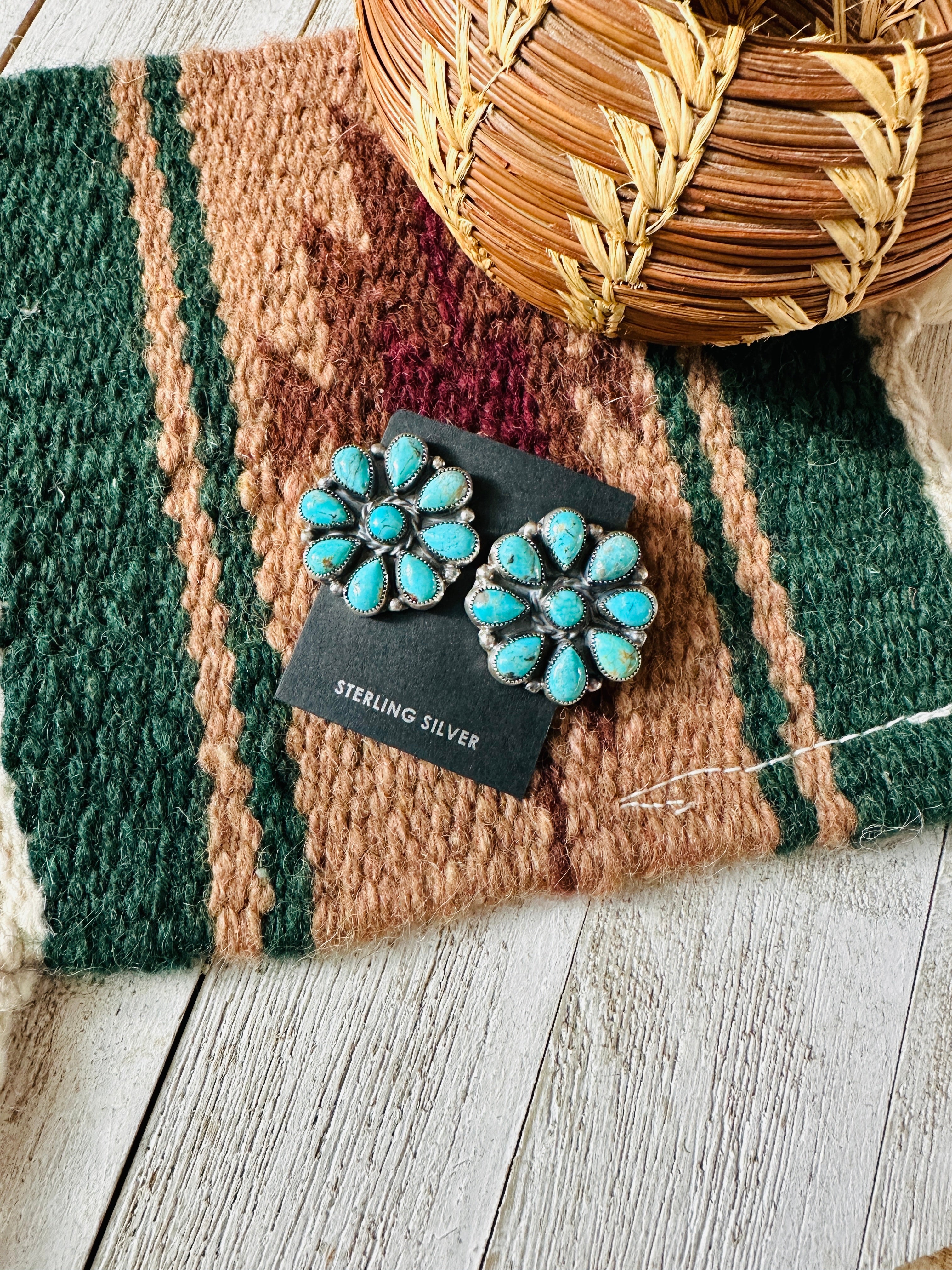 Handcrafted Sterling Silver & Turquoise Cluster Stud Earrings 1 1/8”