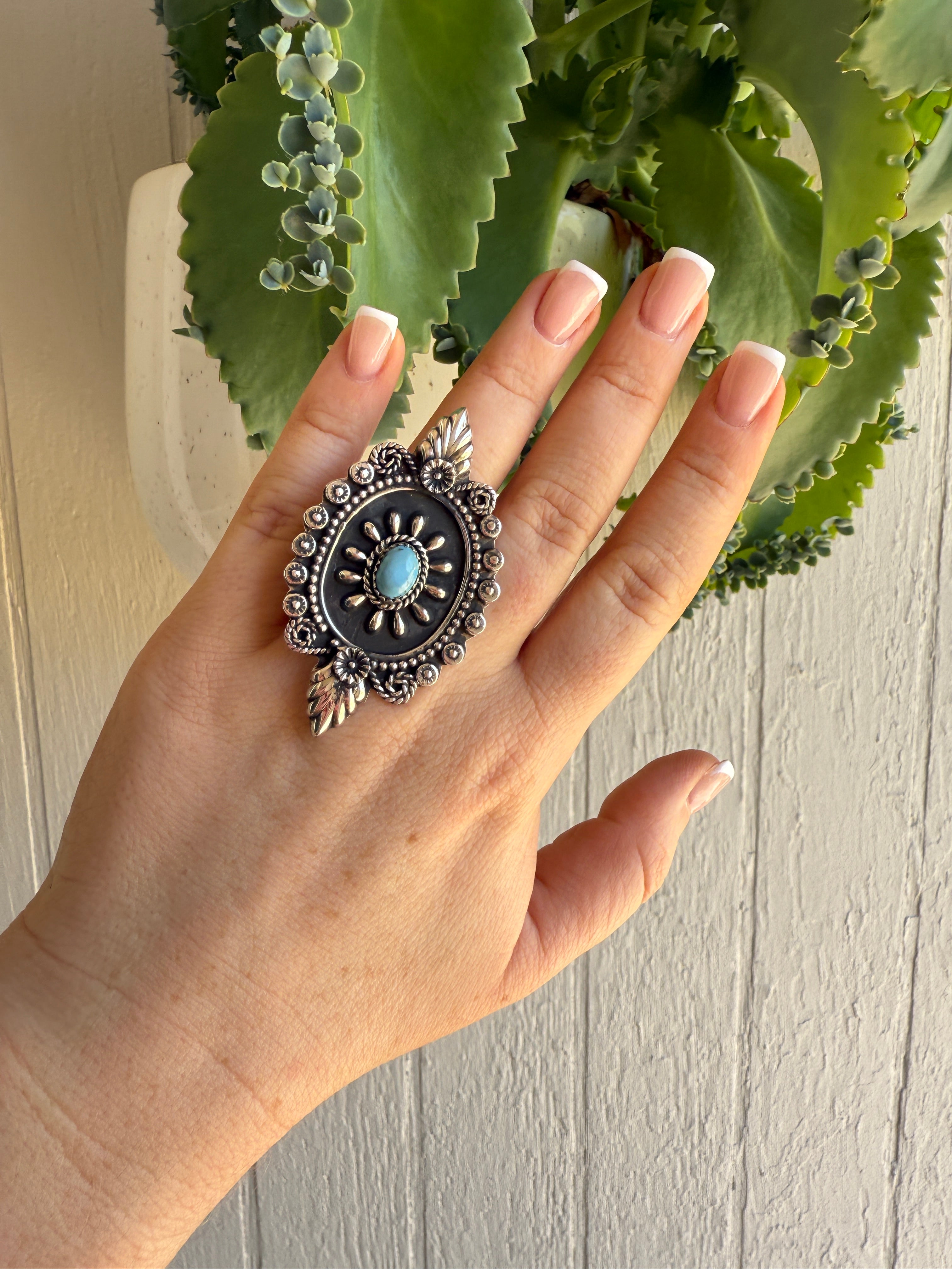 Beautiful Handmade Golden Hills Turquoise And Sterling Silver Adjustable Statement Ring