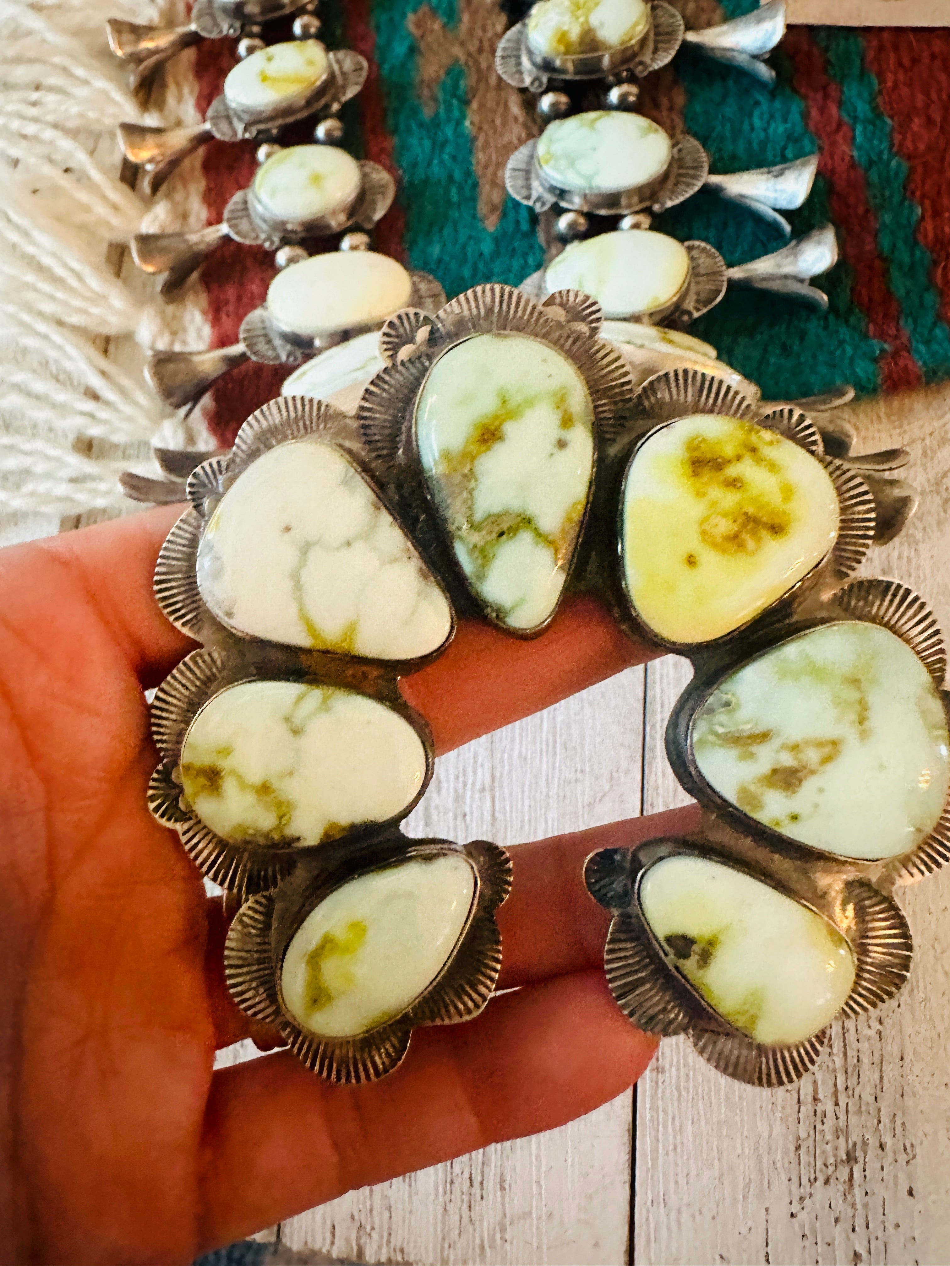 Navajo Palomino Variscite Turquoise & Sterling Silver Squash Blossom Necklace Set by Kee Yazzie Jr.