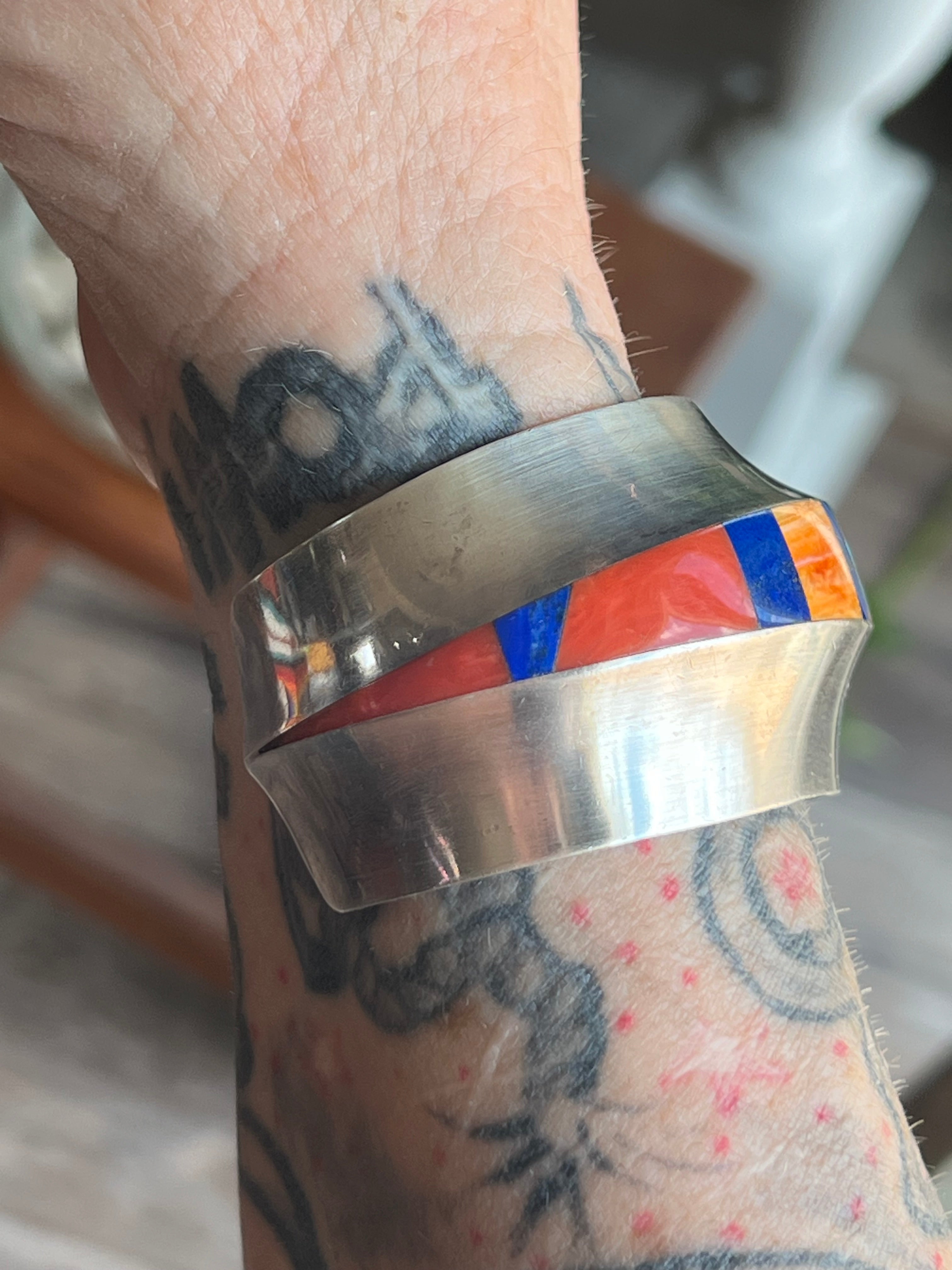 Old Pawn Sterling Silver, Number 8 Turquoise, Lapis, Spiny Oyster and Coral Inlay Cuff Bracelet by Duane Maktima /