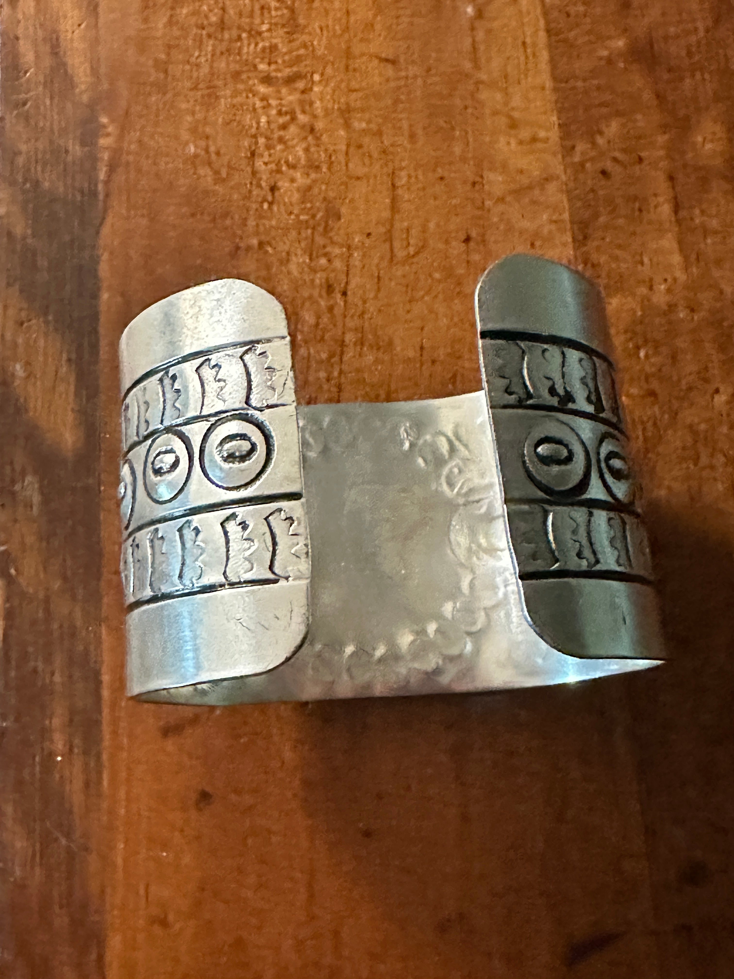 Engraved Silver Plated Cuff Bracelet with Green Stone