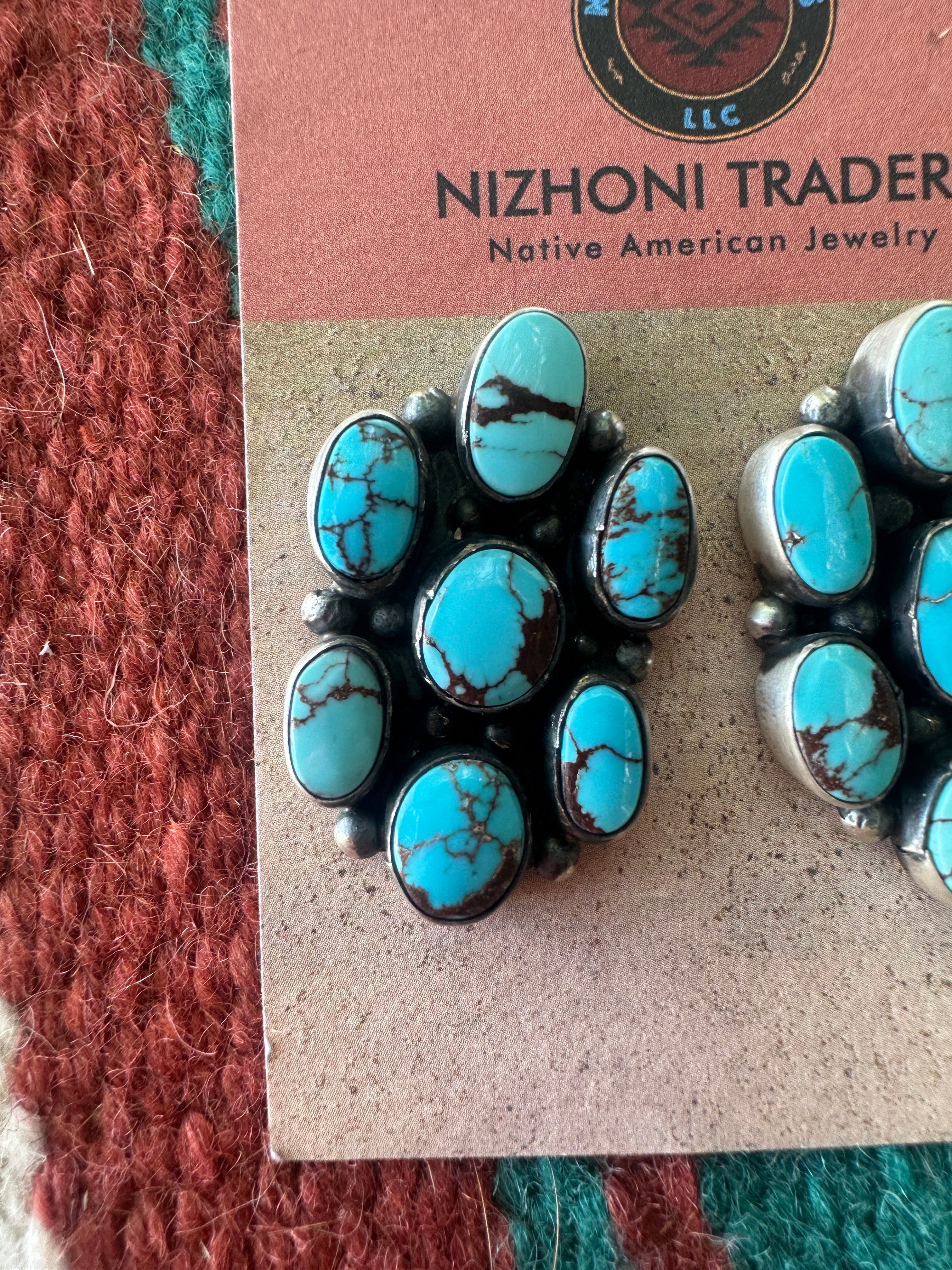 Handcrafted Sterling Silver & Kingman Web Turquoise Cluster Post Earrings