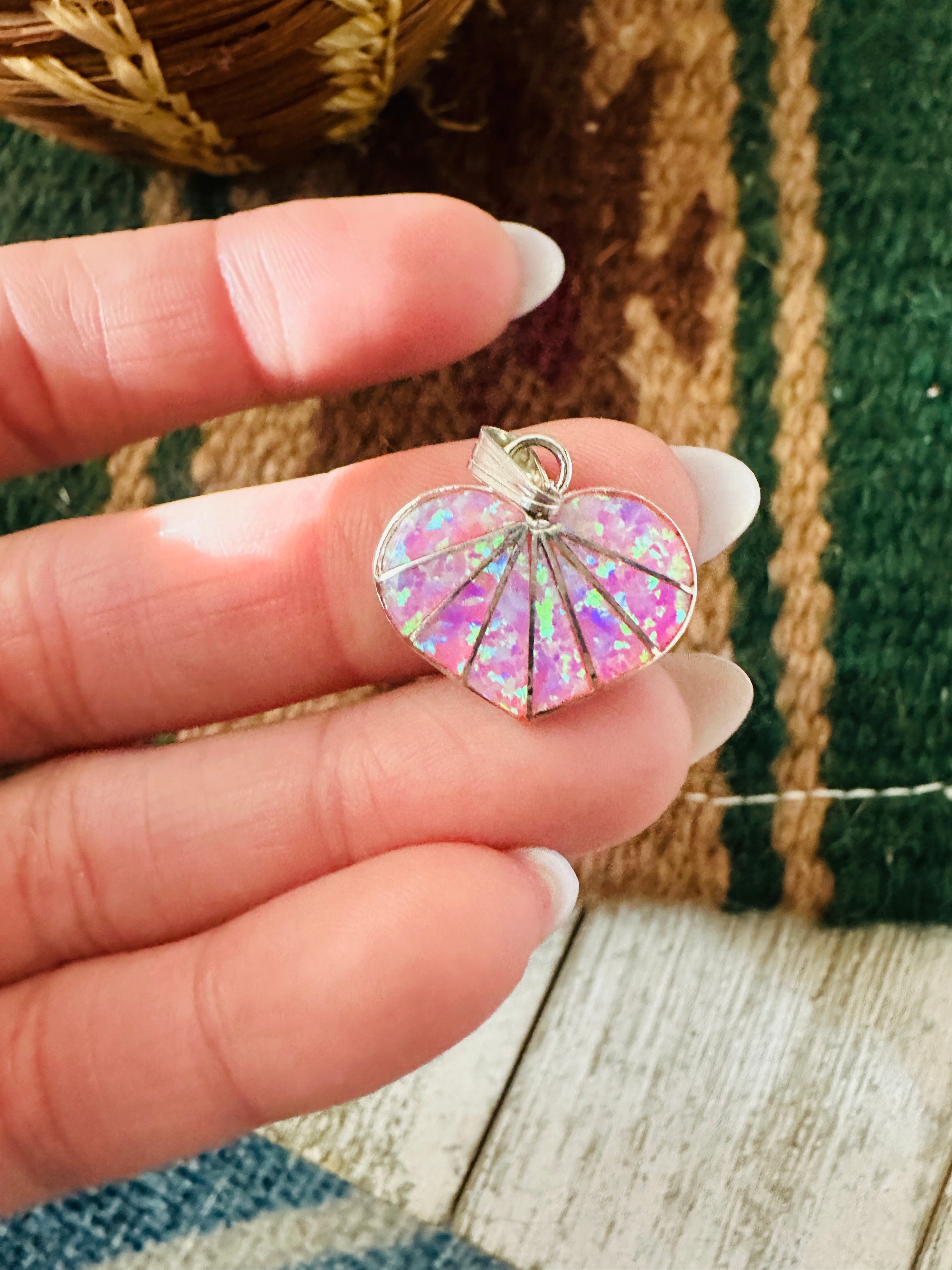Handcrafted Pink Opal & Sterling Silver Inlay Heart Pendant