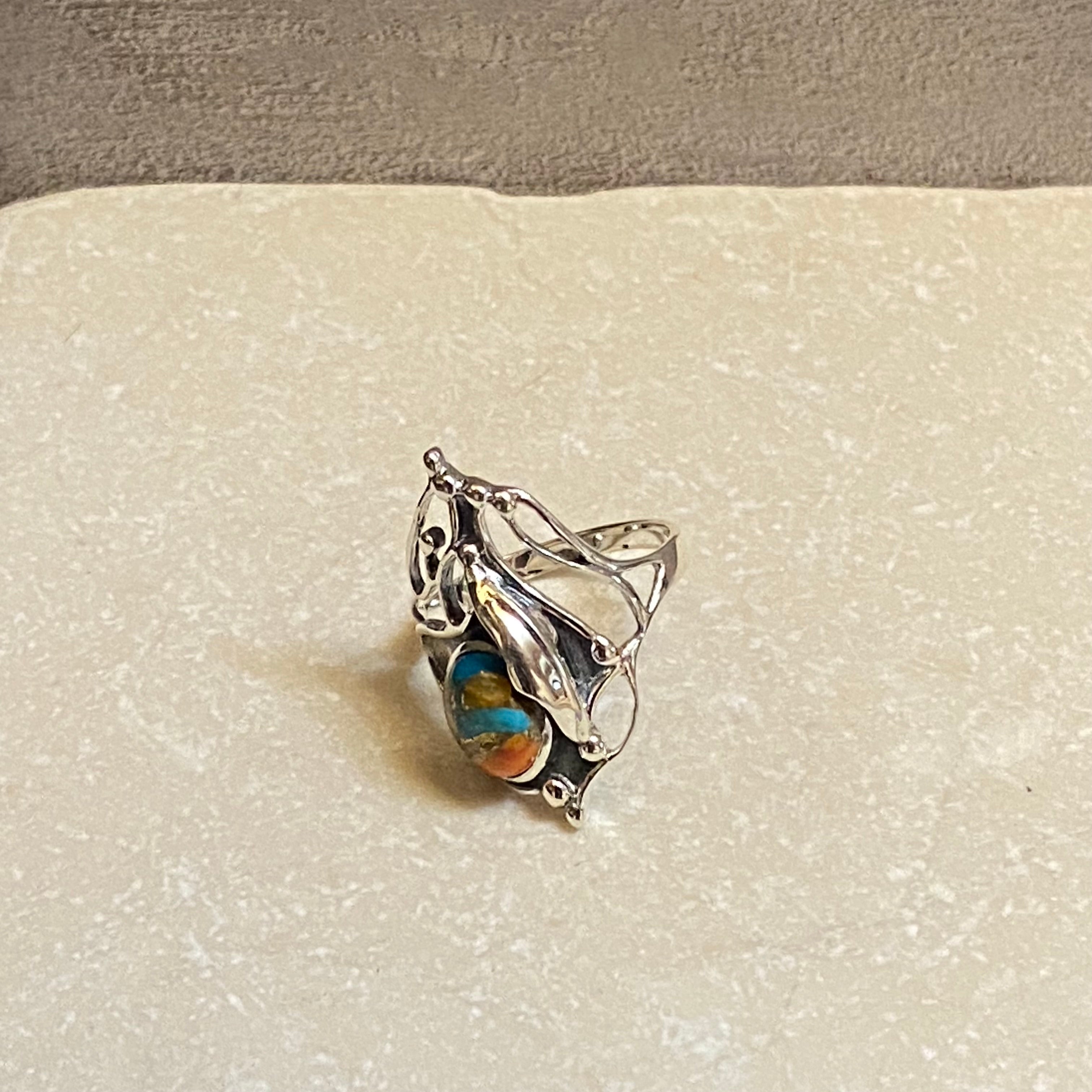 Sterling Silver Orange Spiny Turquoise Intricate Etched Ring Size 7.5