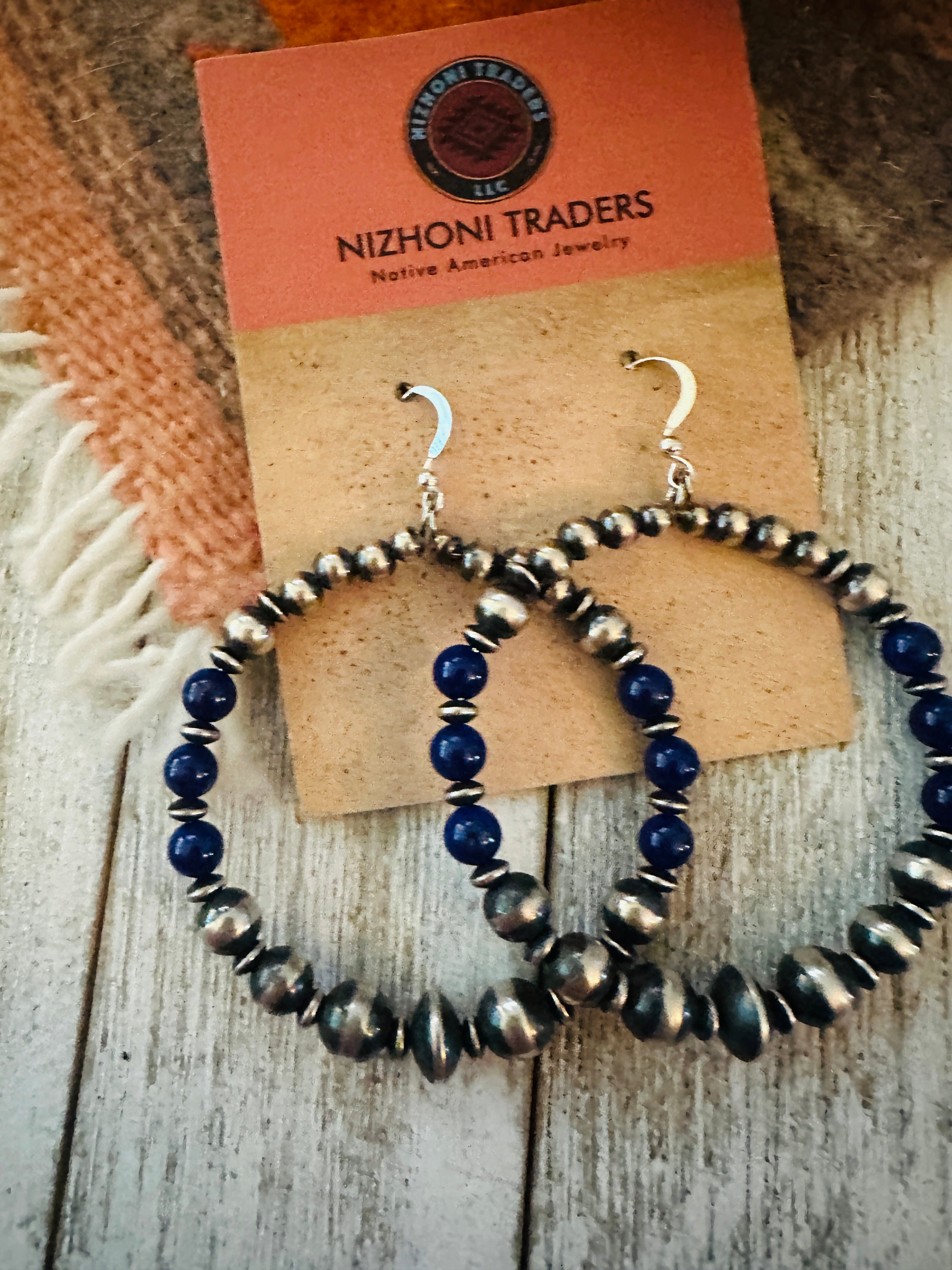 Handcrafted Lapis & Sterling Silver Pearl Beaded Dangle Hoop Earrings