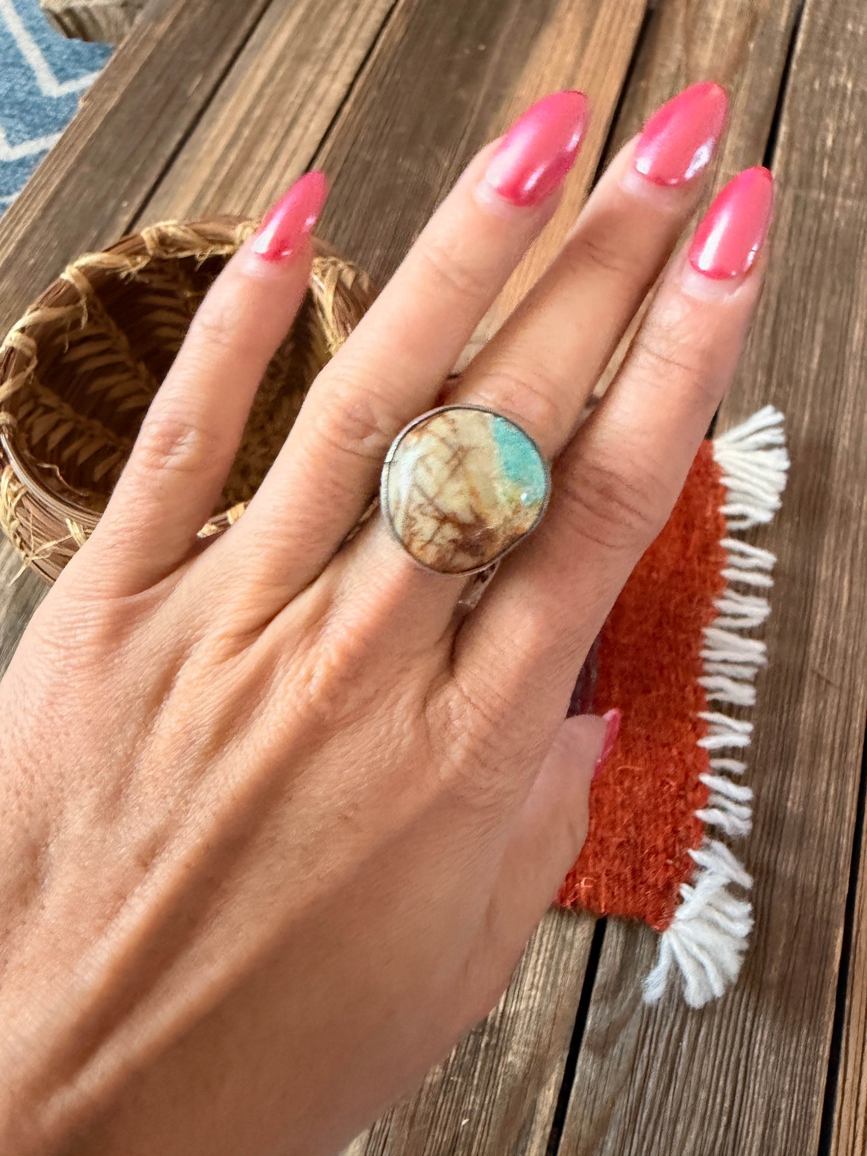 Handcrafted Ribbon Turquoise & Sterling Silver Ring Size 7.5