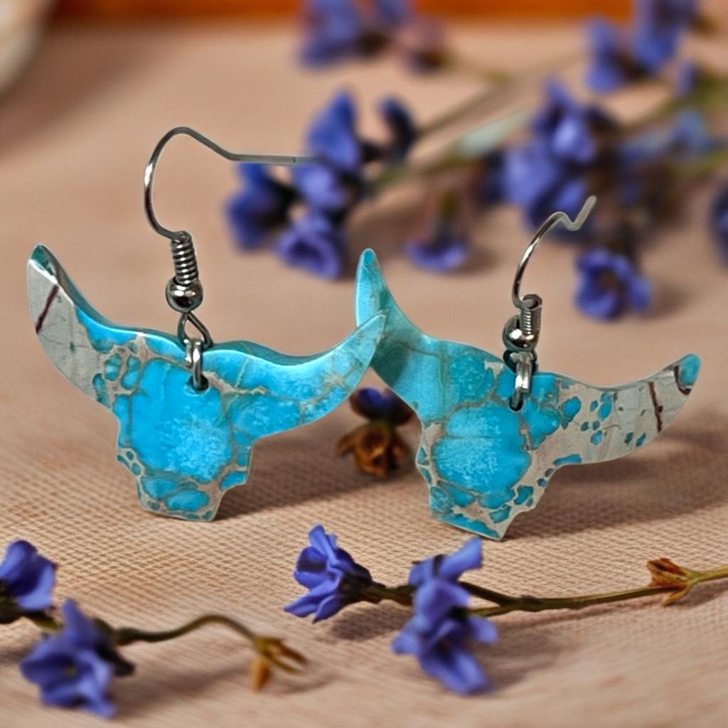 Handcrafted Turquoise Bull Head Sterling Silver Slab Earrings
