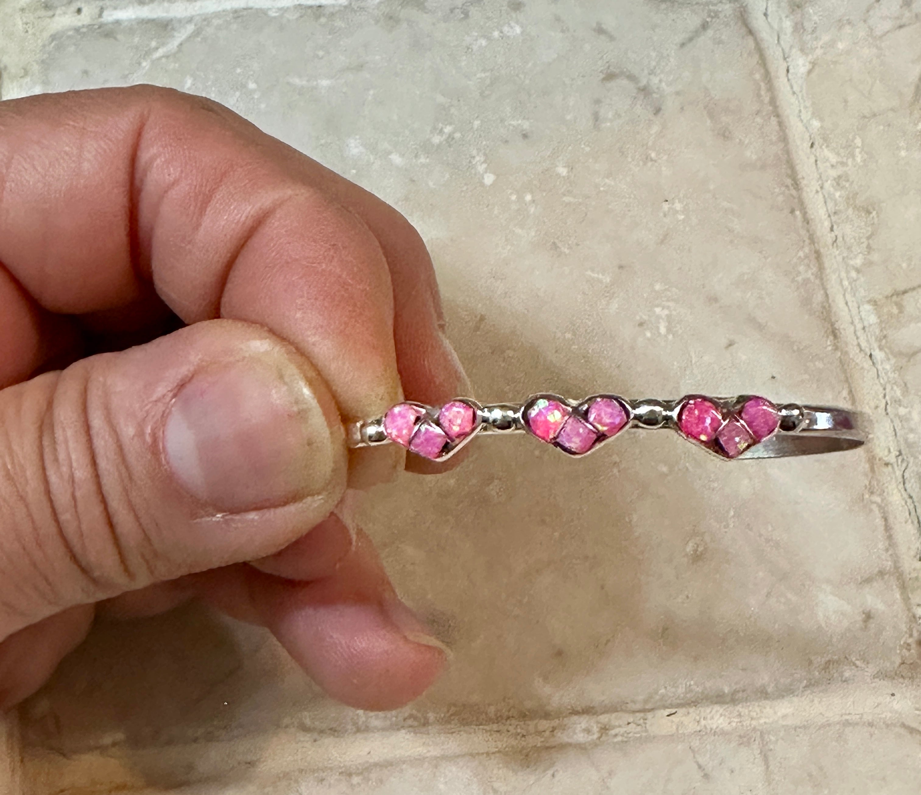 Sterling Silver Opal Three Pink Hearts Baby Cuff Bracelet