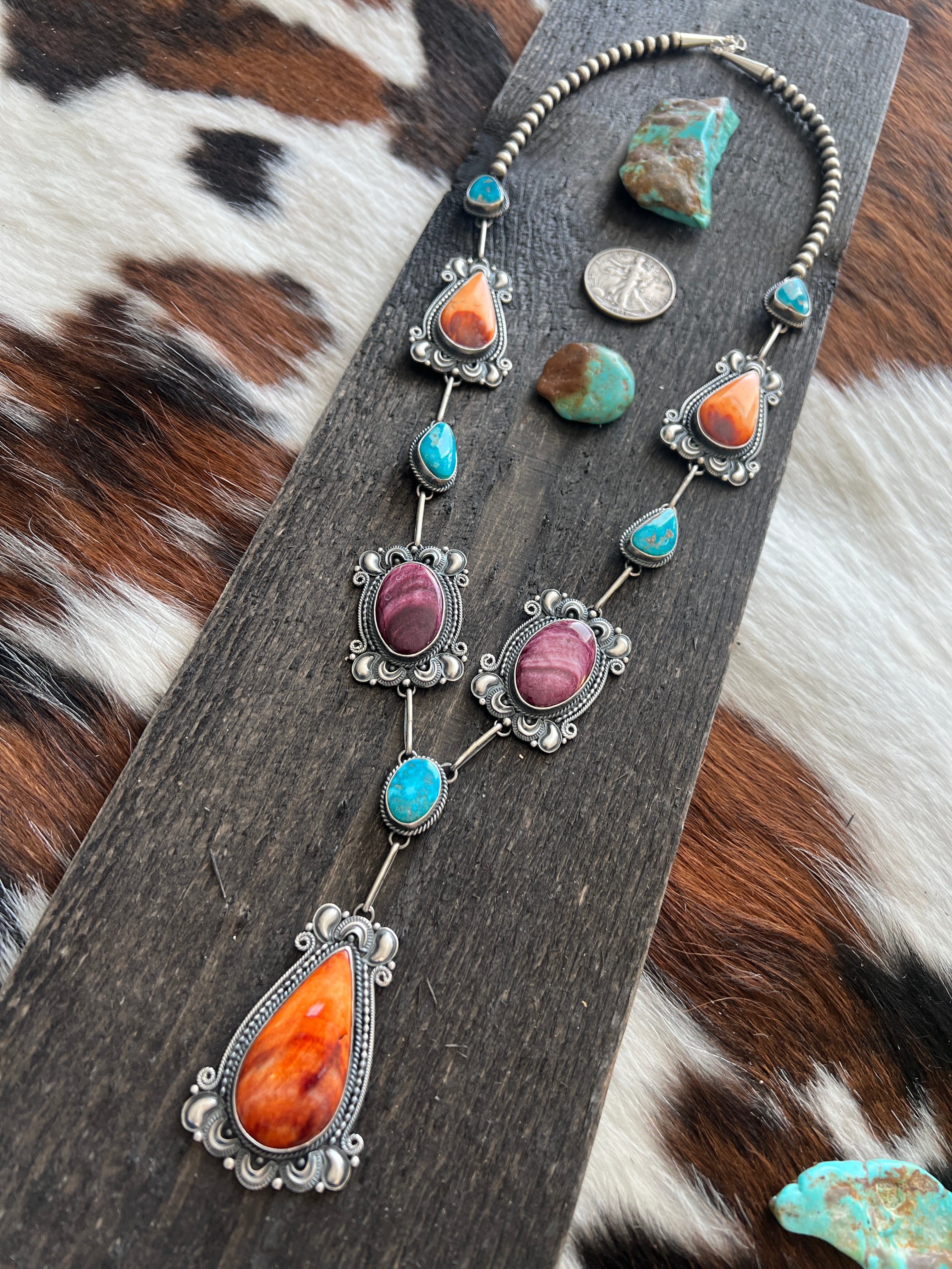 Handcrafted Sterling Silver, Spiny Oyster and Turquoise Link and Bead Necklace and Earrings Set by Derrick Gordon