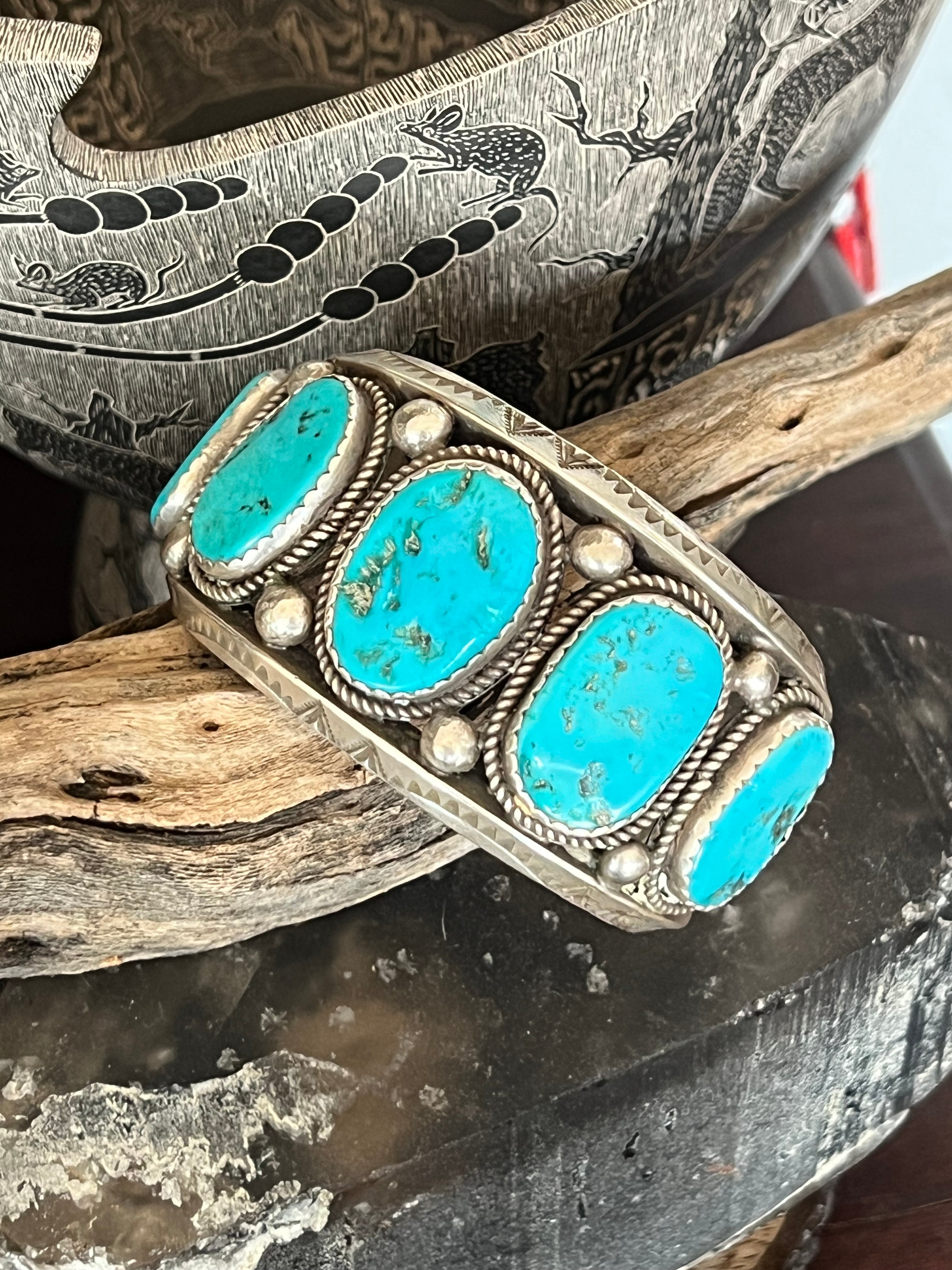 Handcrafted Old Pawn Sterling Silver and Natural Sleeping Beauty Turquoise Cuff Bracelet, Signed /