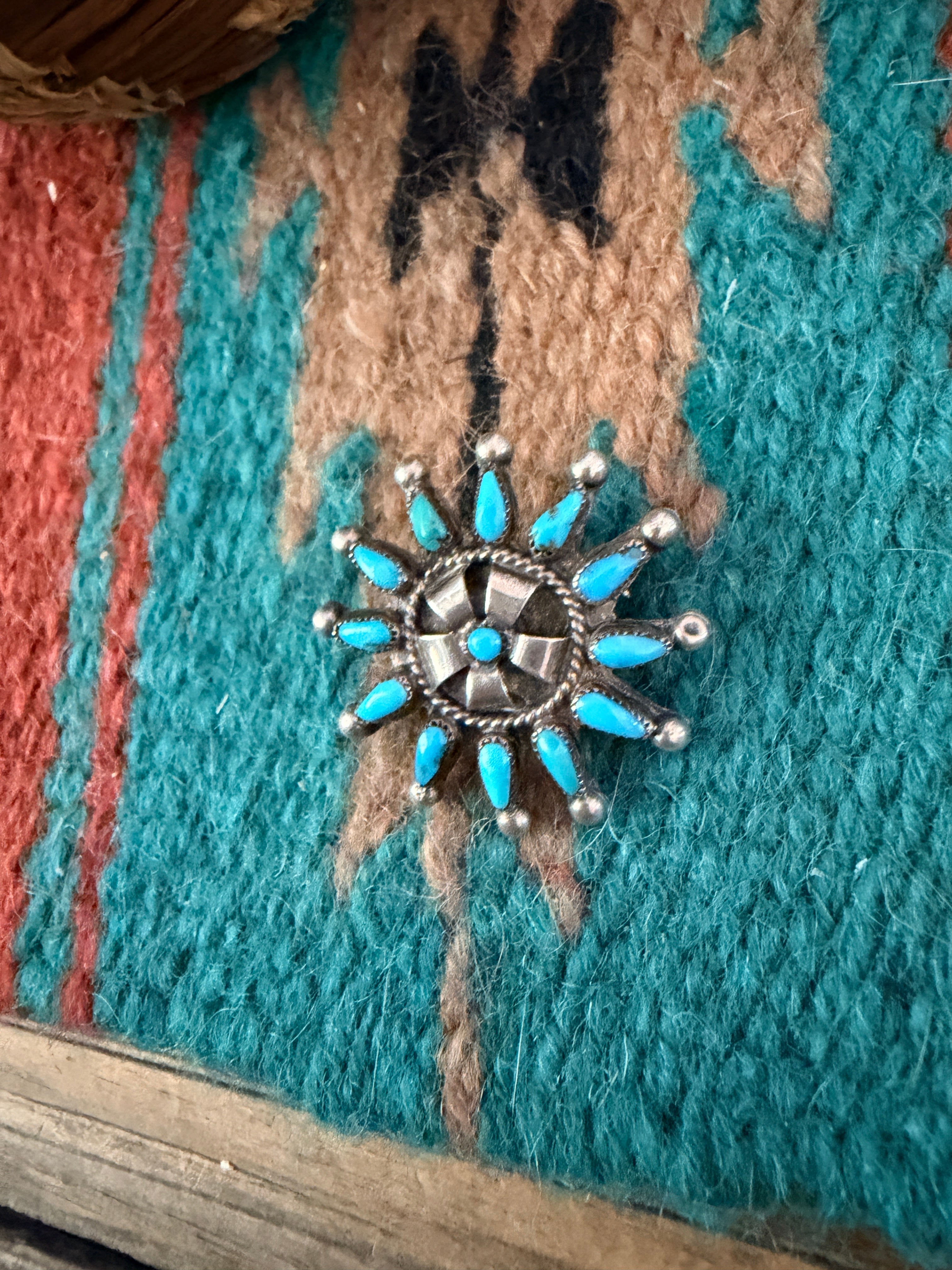 Old Pawn Handcrafted Turquoise and Sterling Silver Cluster Brooch