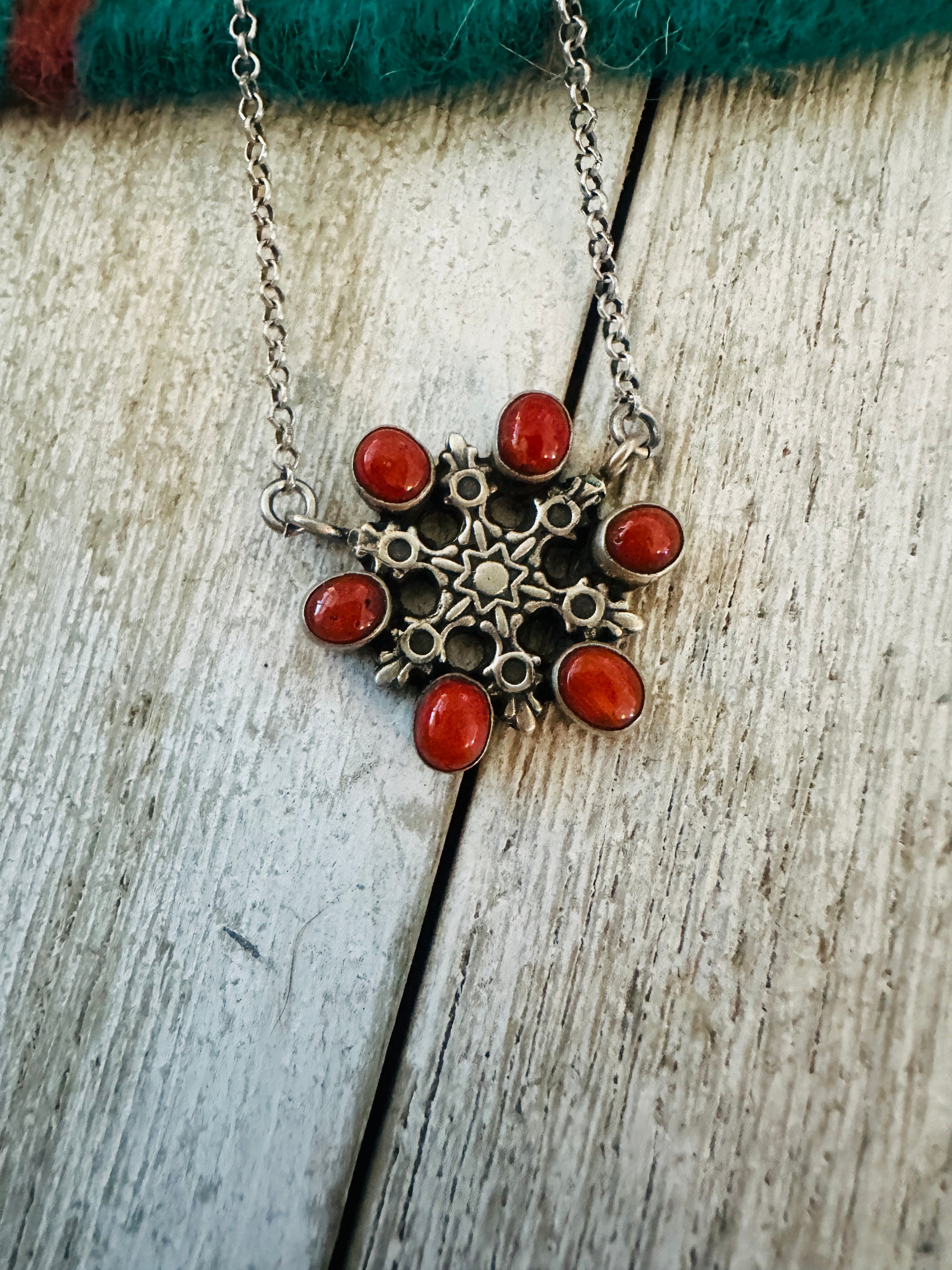** Christmas Collection ** Handmade Sterling Silver & Coral Snowflake Necklace Signed Nizhoni