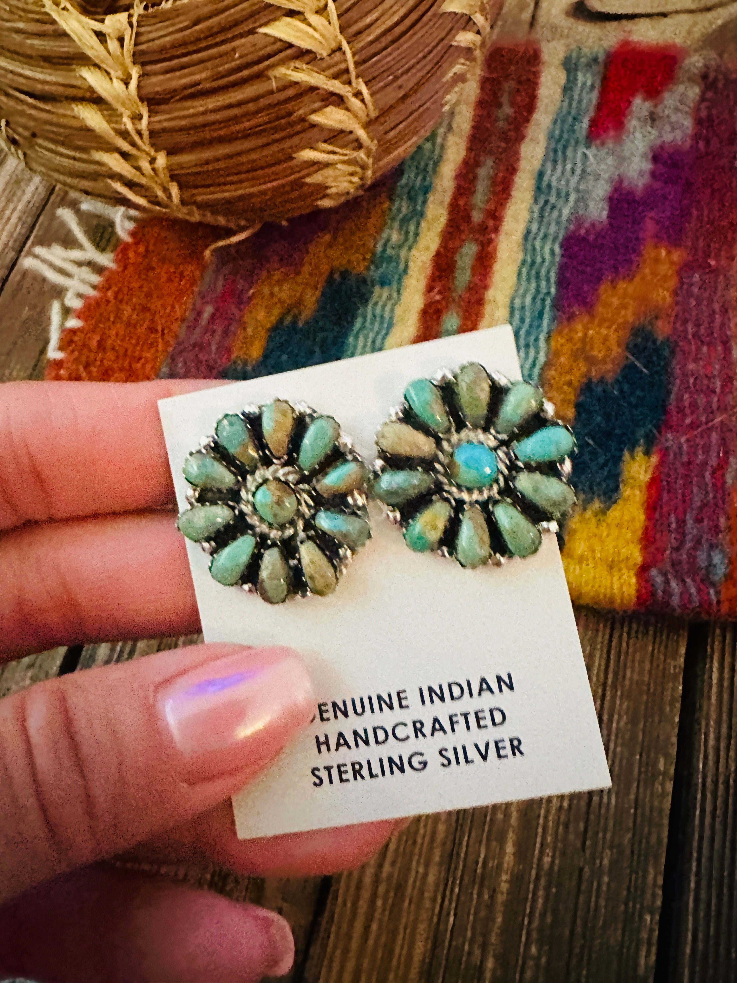 Handcrafted Turquoise & Sterling Silver Cluster Post Earrings