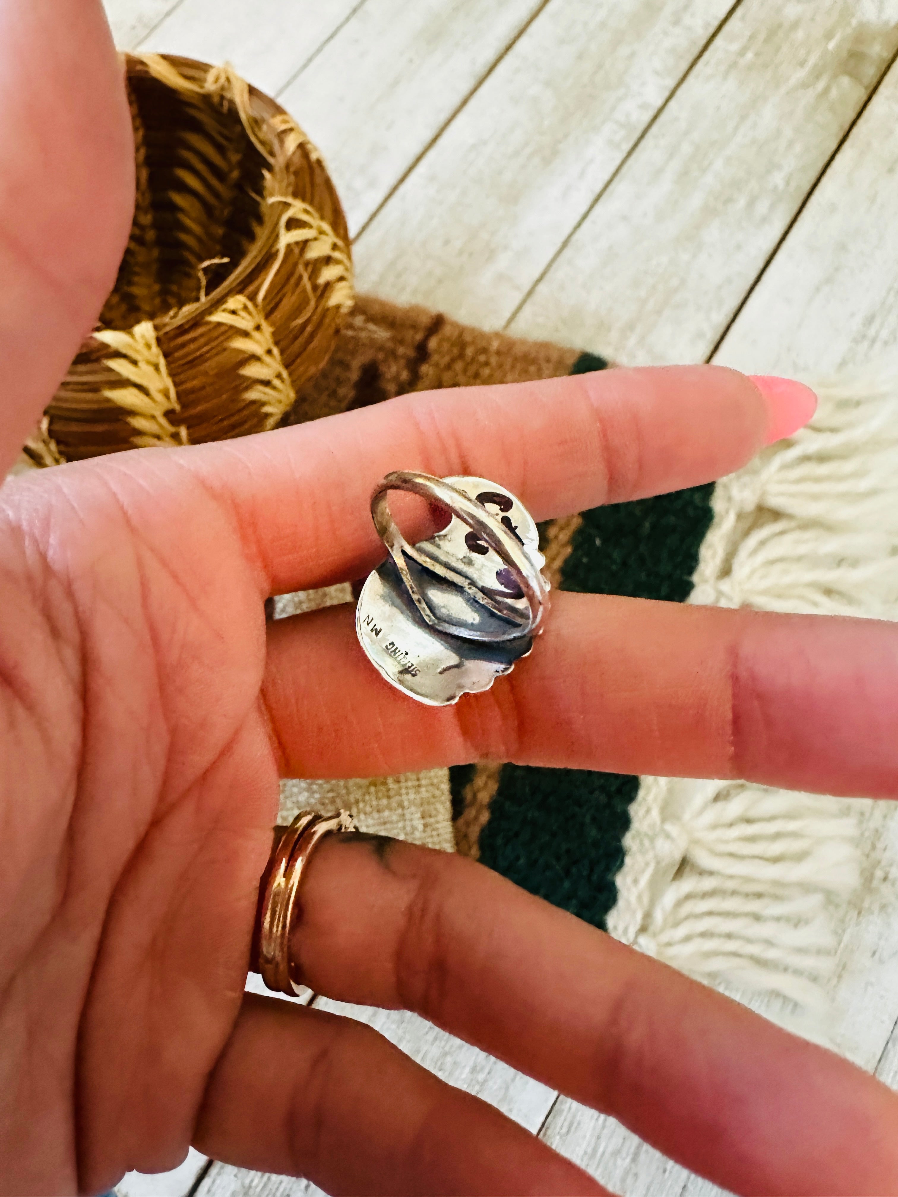 Handcrafted Old Pawn Sterling Silver & Turquoise Feather Ring Size 6.25