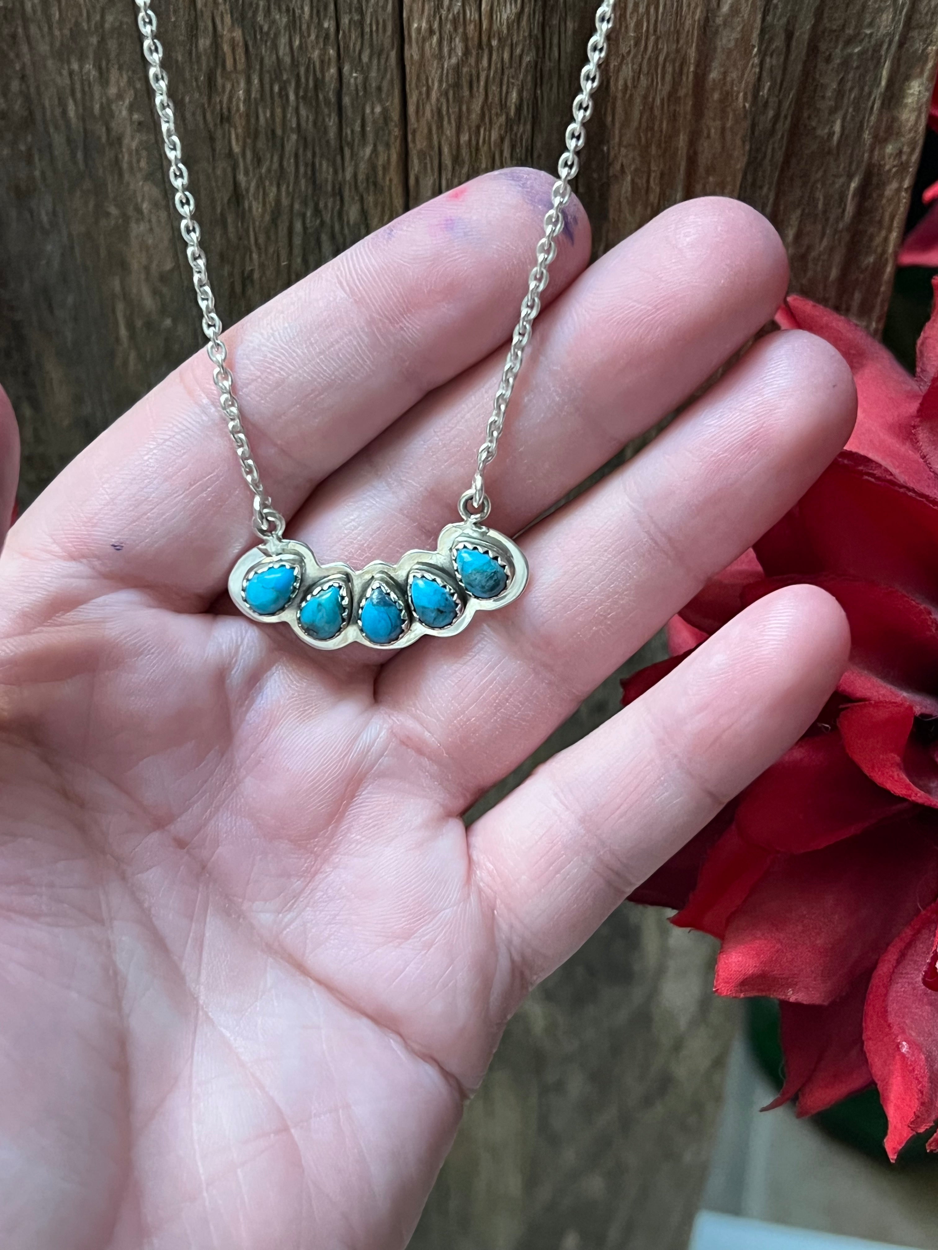 Handmade 5 Stone Turquoise & Sterling Silver Tear Drop Bar Necklace