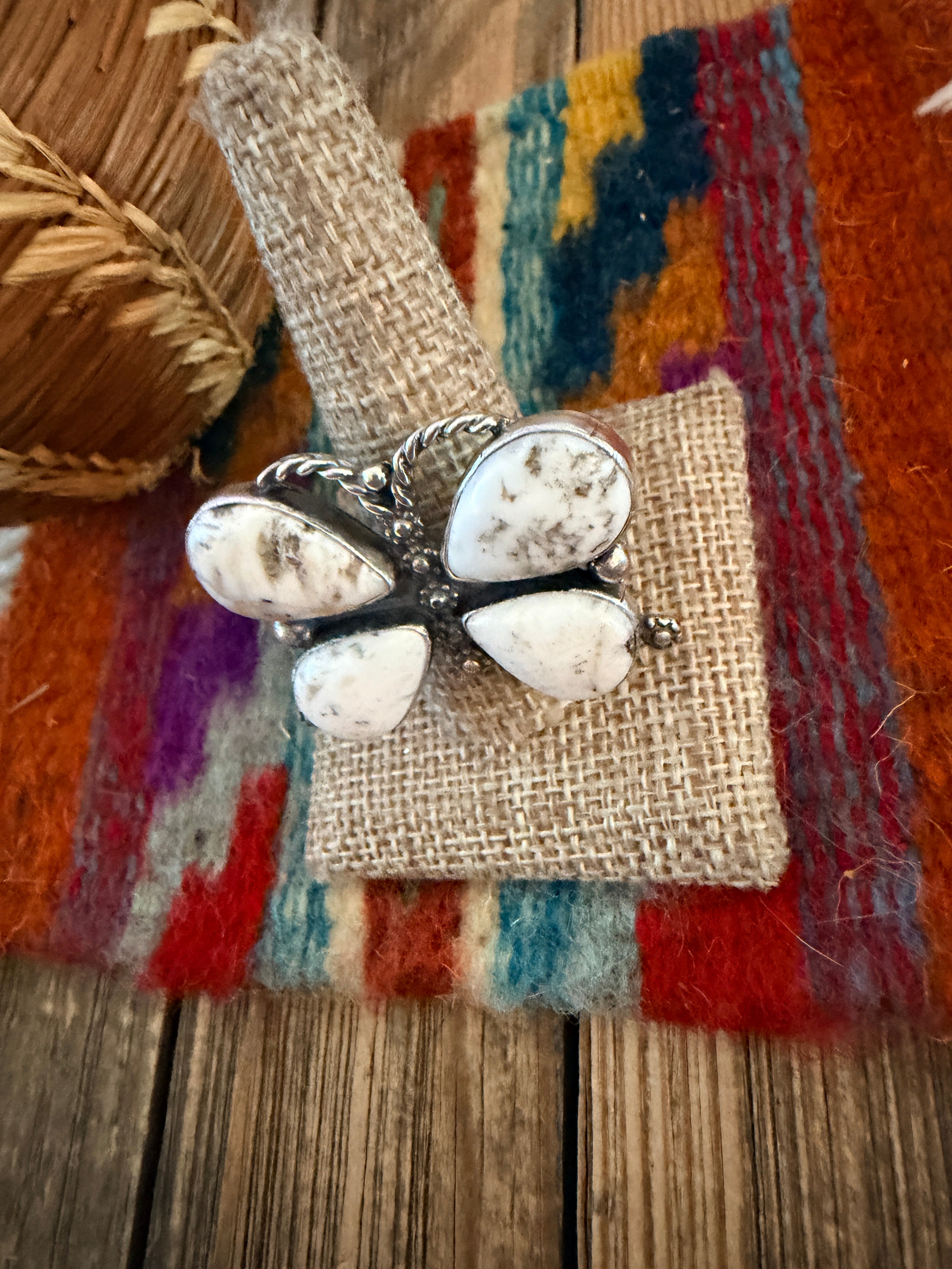 Handcrafted White Buffalo & Sterling Silver Adjustable Butterfly Ring