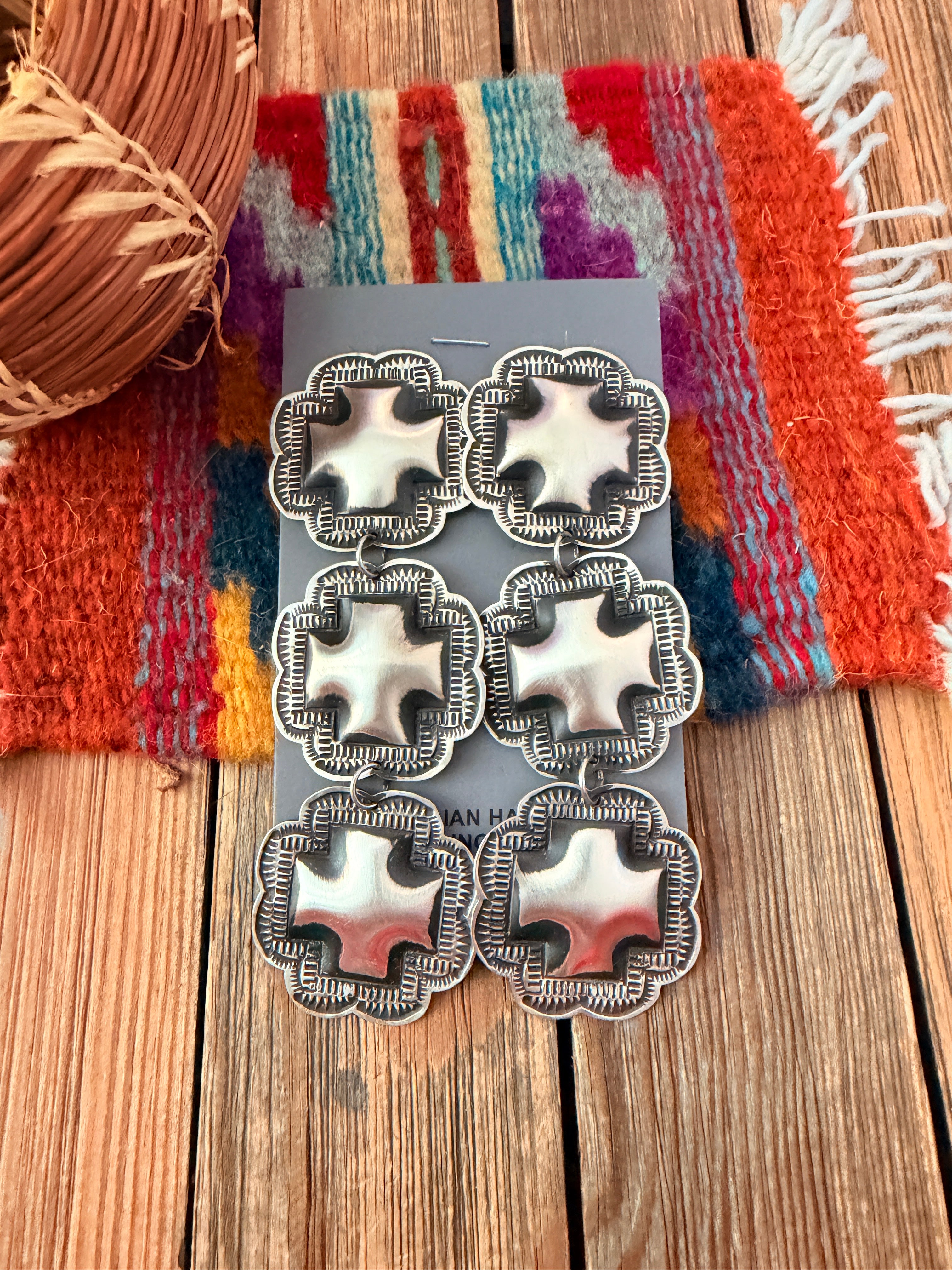 Handcrafted Sterling Silver Concho Cross Dangle Earrings by Leander Tahe