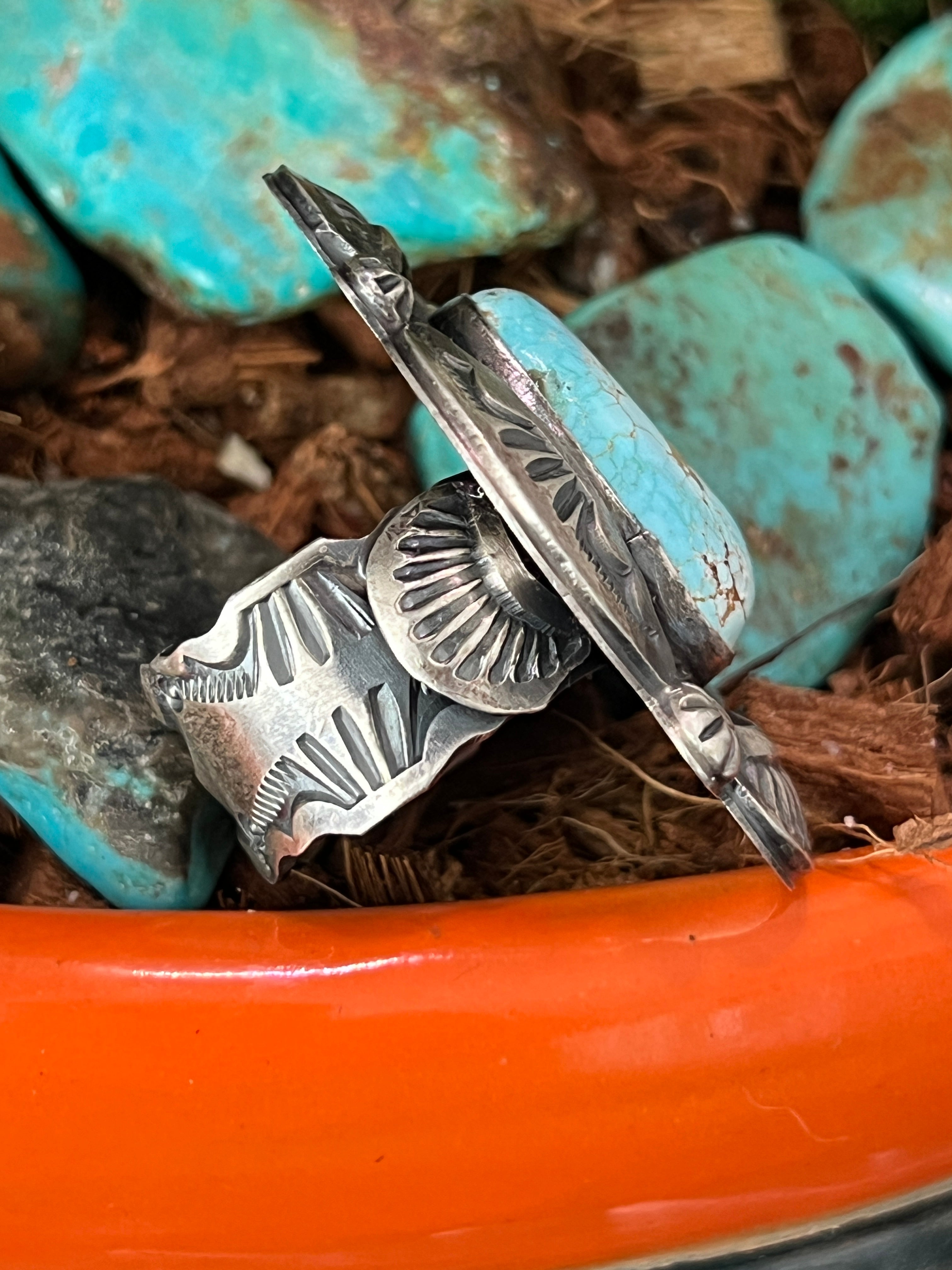 Handcrafted Sterling Silver and Number 8 Turquoise Ring by Artist, Gilbert Tom, Size 10.5