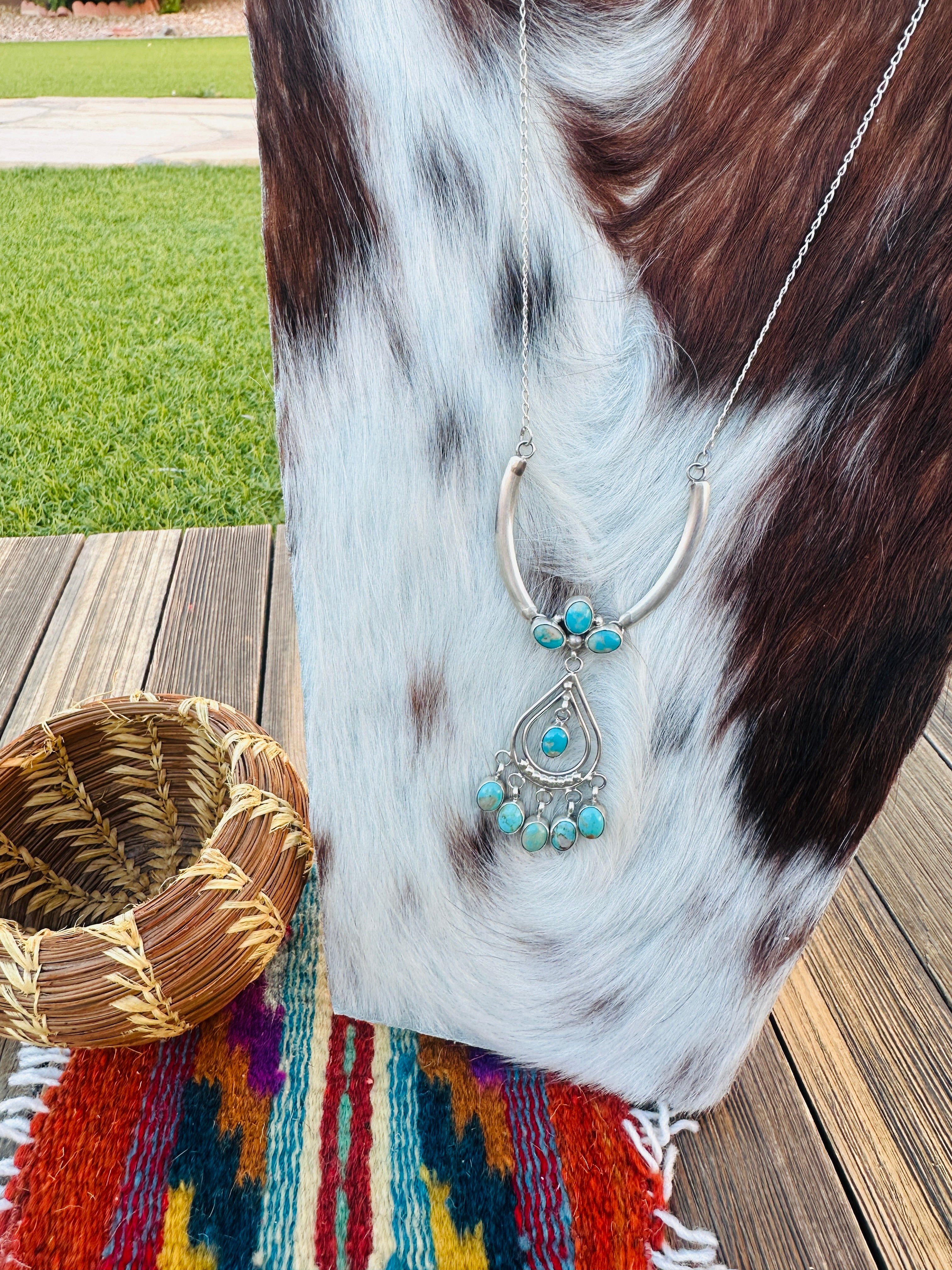 Handcrafted Turquoise & Sterling Silver Chandelier Necklace by Pearlene Spencer