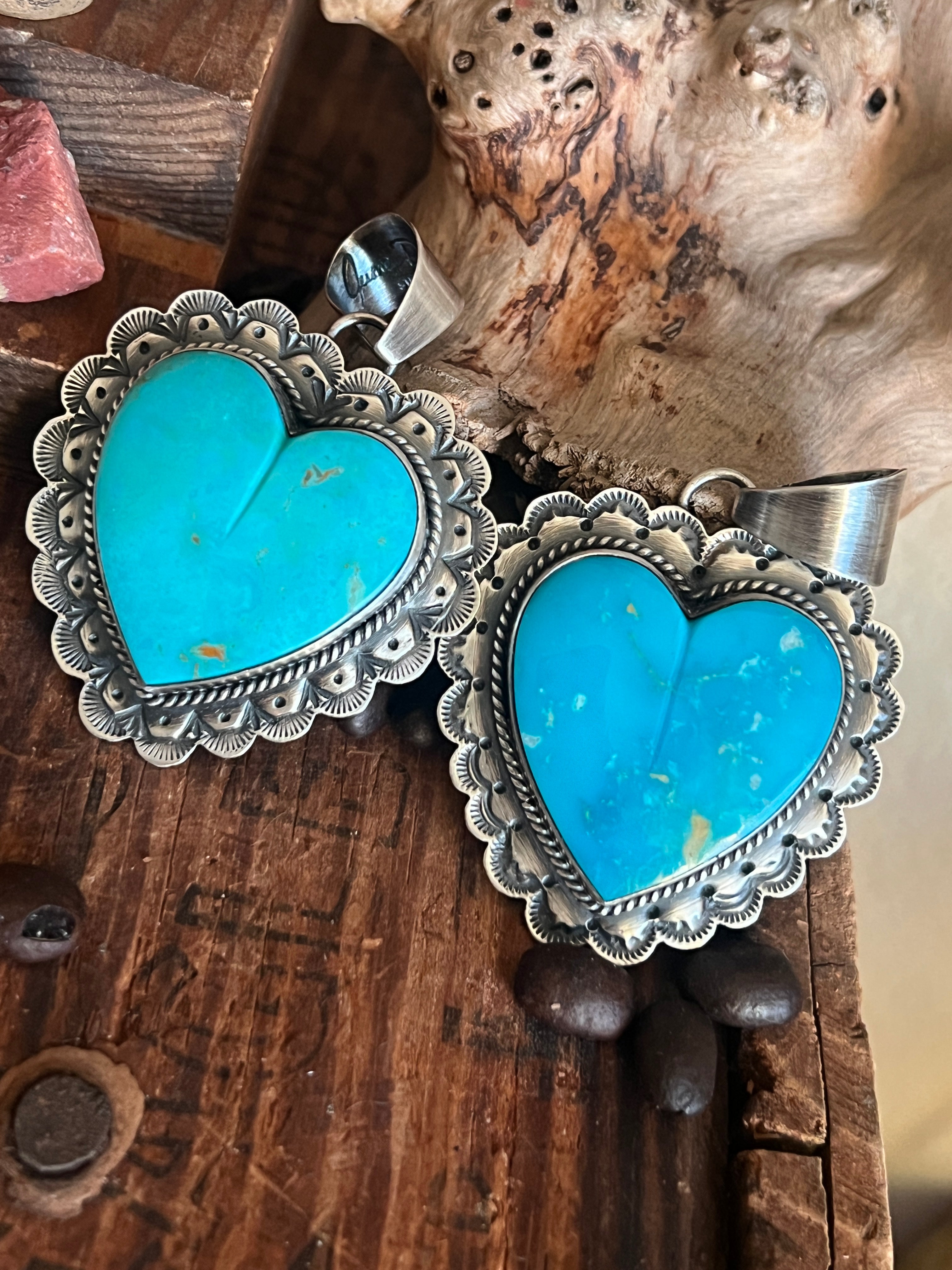 Hand Stamped Sterling Silver & Kingman Turquoise Heart Pendant by June Delgarito