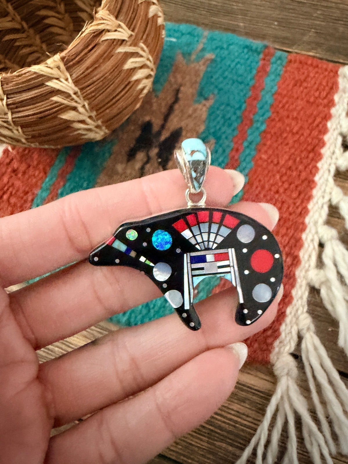 Handcrafted Old Pawn Sterling Silver and Multi Stone Inlay Bear Pendant